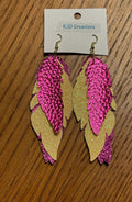 Boho Western Faux Glitter Leather Feather Dangle Earrings – Purple & Yellow Metallic
