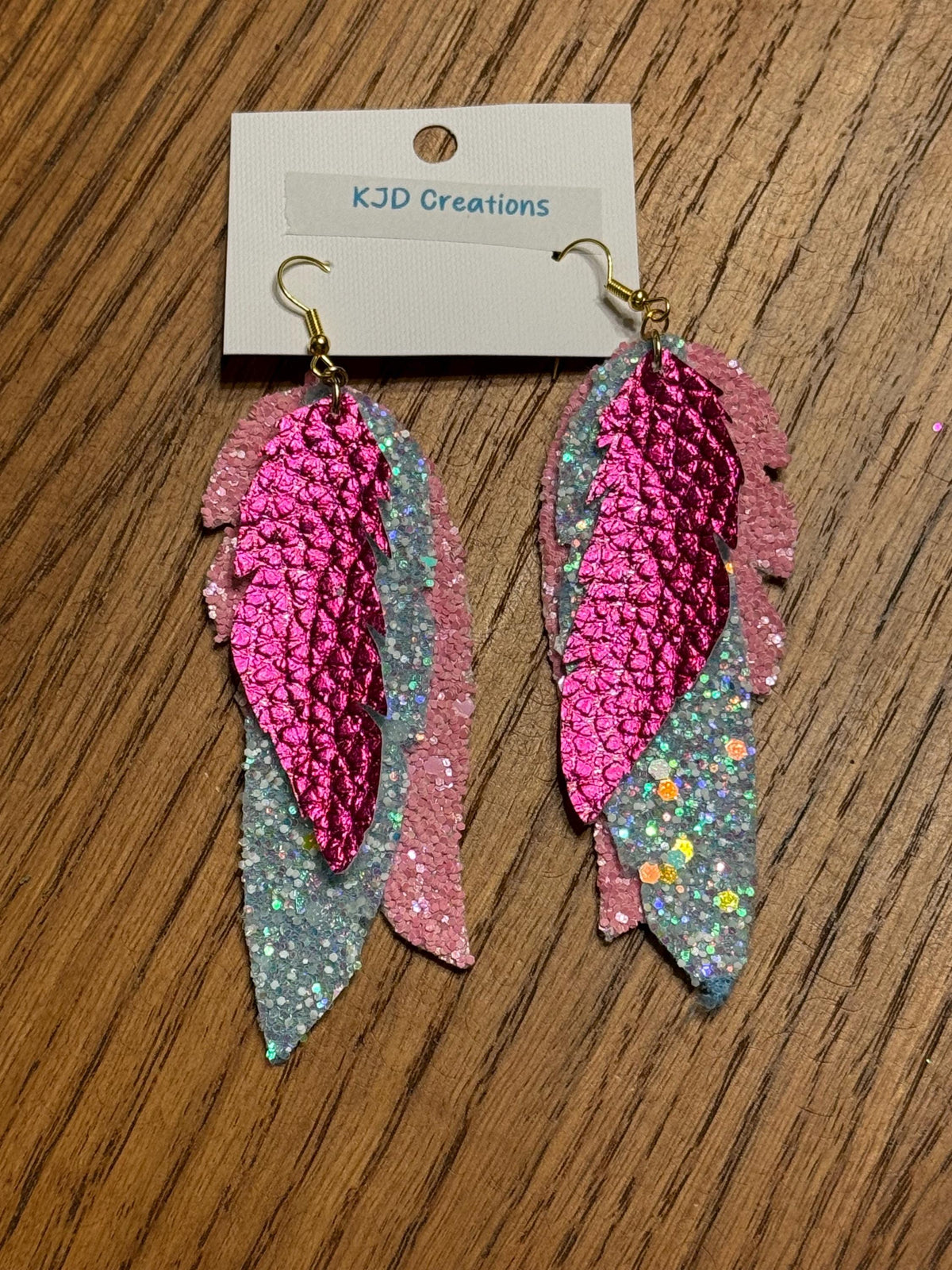 Boho Western Faux Glitter Metallic Leather Feather Dangle Earrings - Purple, Blue & Pink