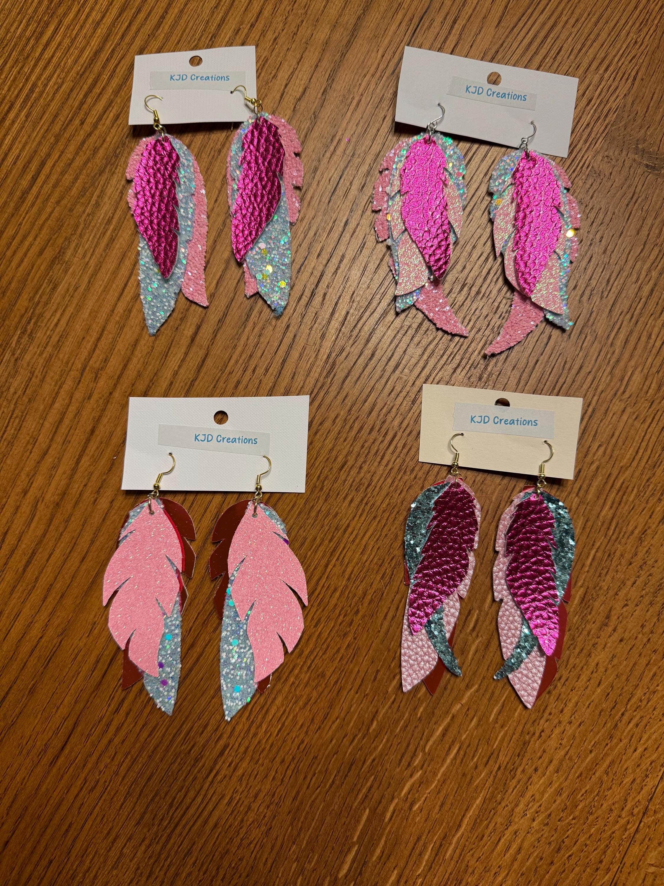 Boho Western Faux Glitter Metallic Leather Feather Dangle Earrings - Purple, Blue & Pink