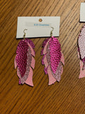 Boho Western Faux Glitter Metallic Leather Feather Dangle Earrings - Purple and Pink