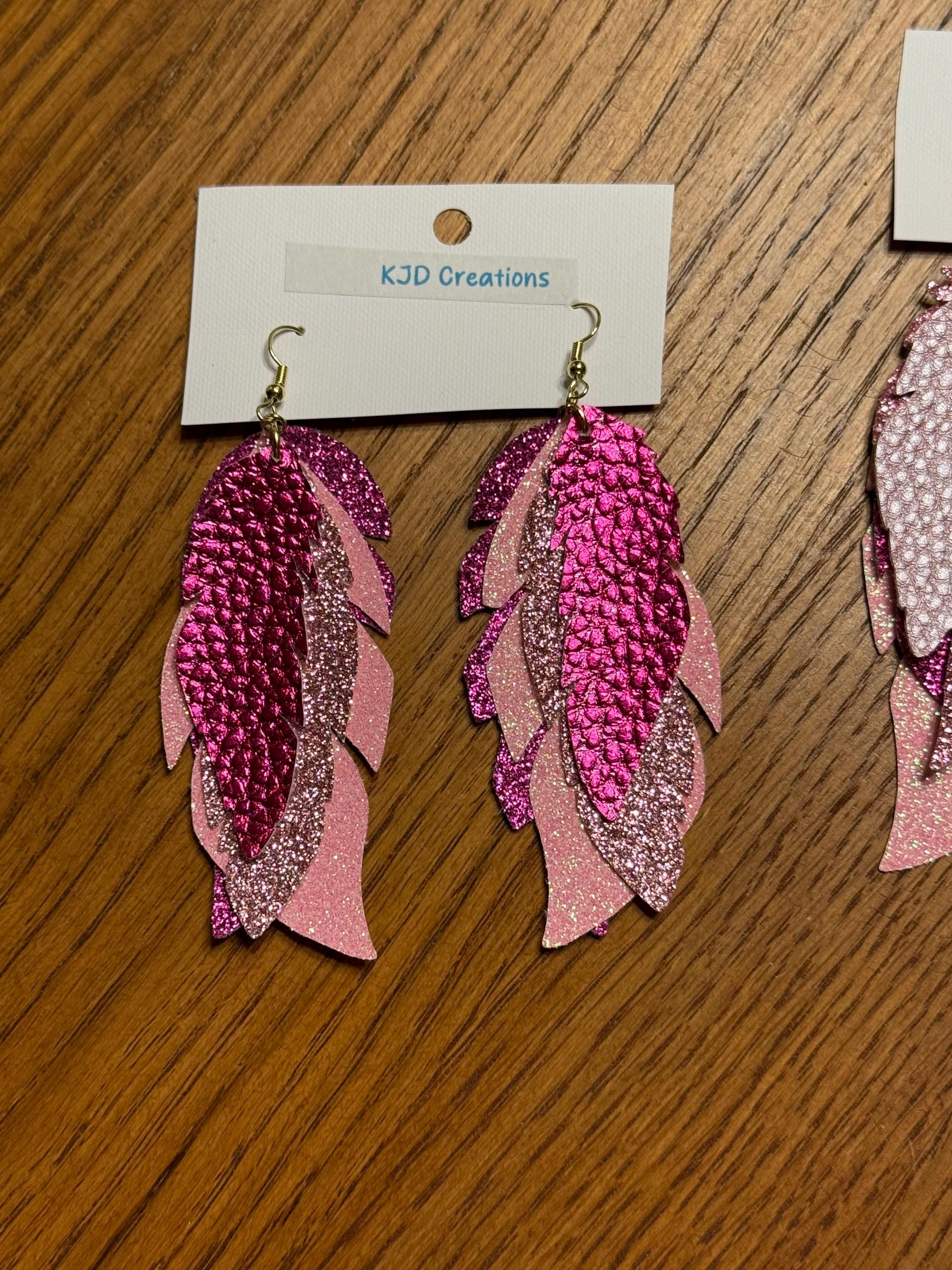 Boho Western Faux Glitter Metallic Leather Feather Dangle Earrings - Purple and Pink