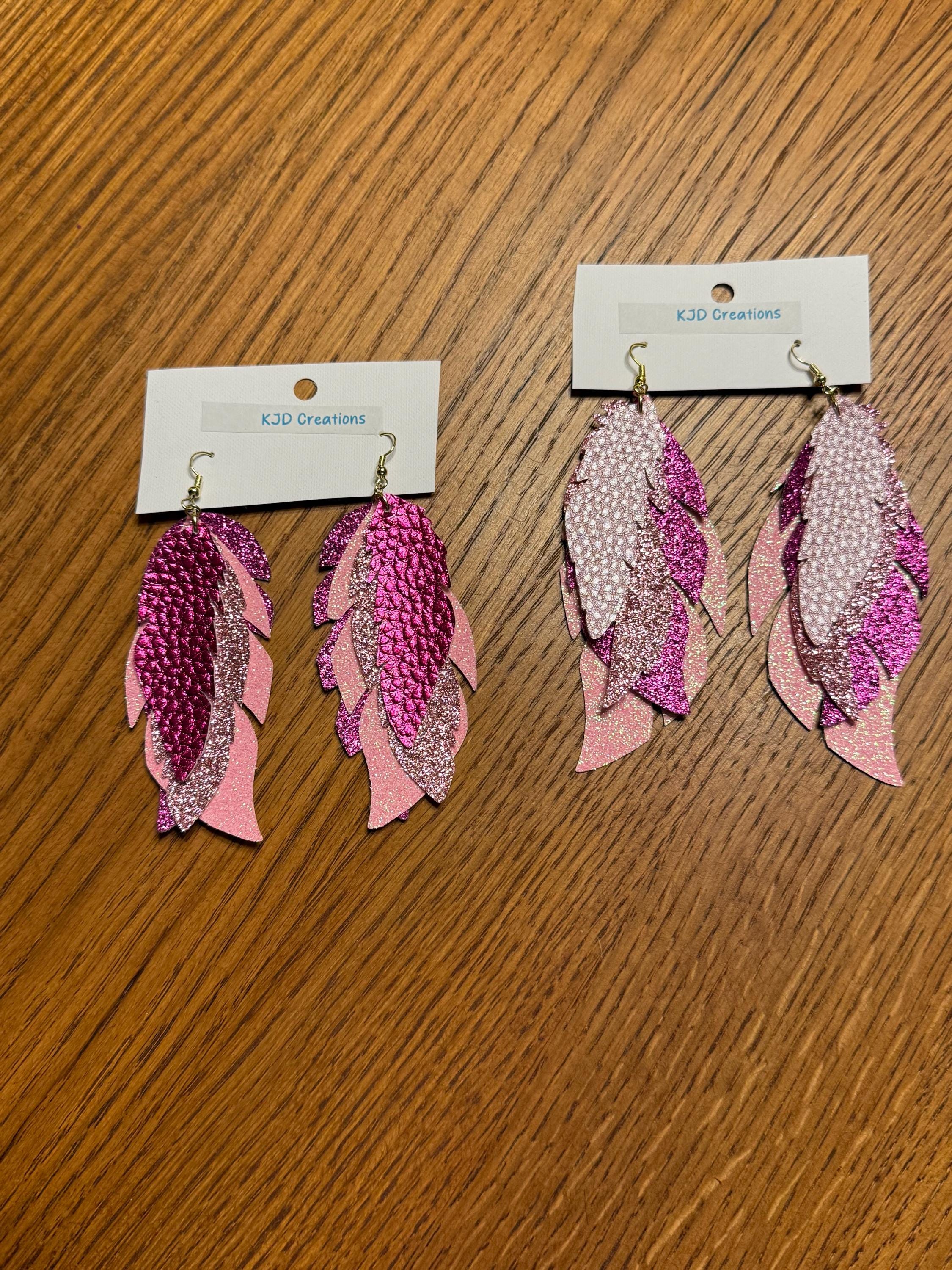 Boho Western Faux Glitter Metallic Leather Feather Dangle Earrings - Purple and Pink