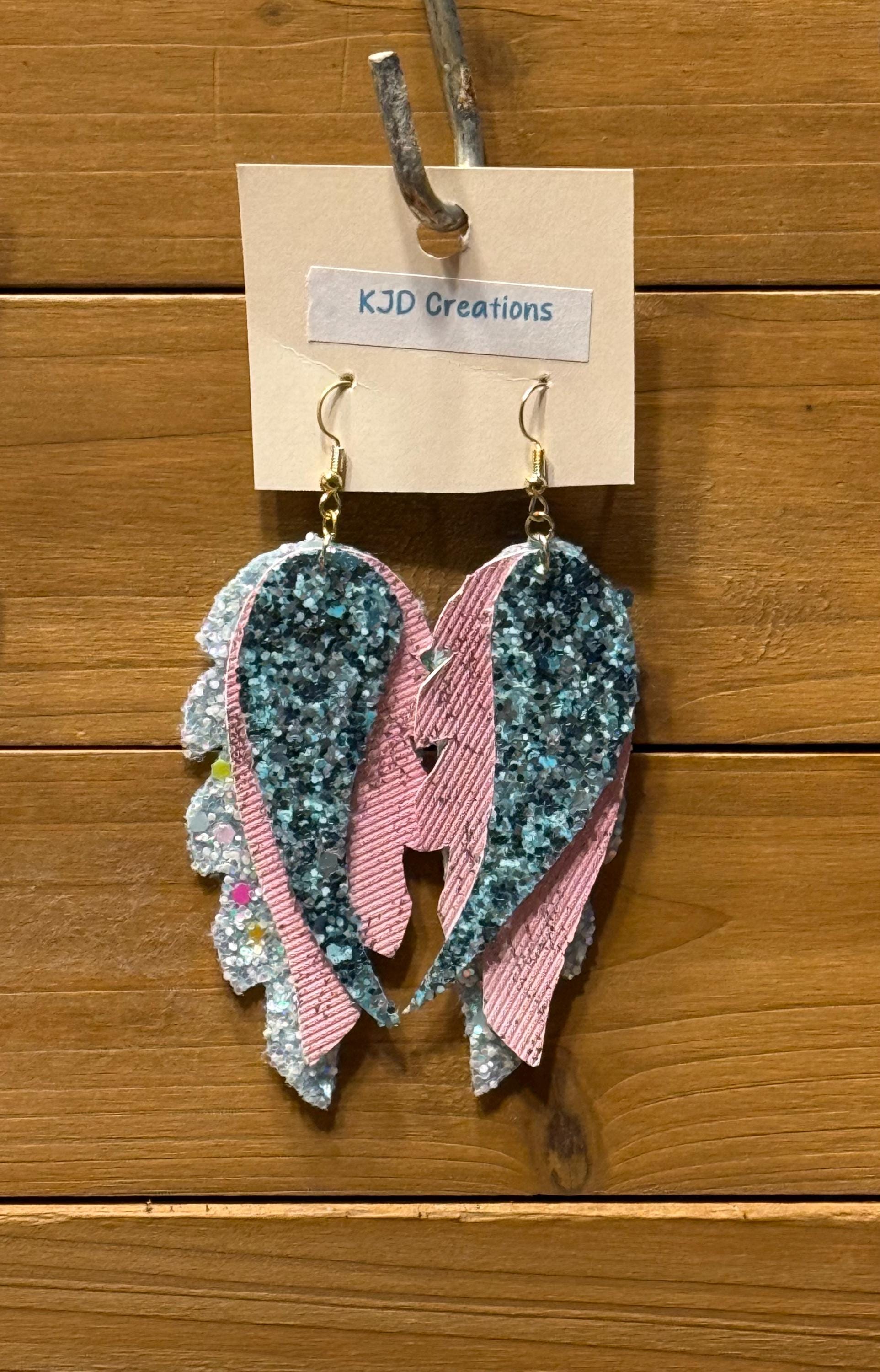 Boho Western Faux Glitter Leather Feather Dangle Earrings - Pink, Blue & Teal