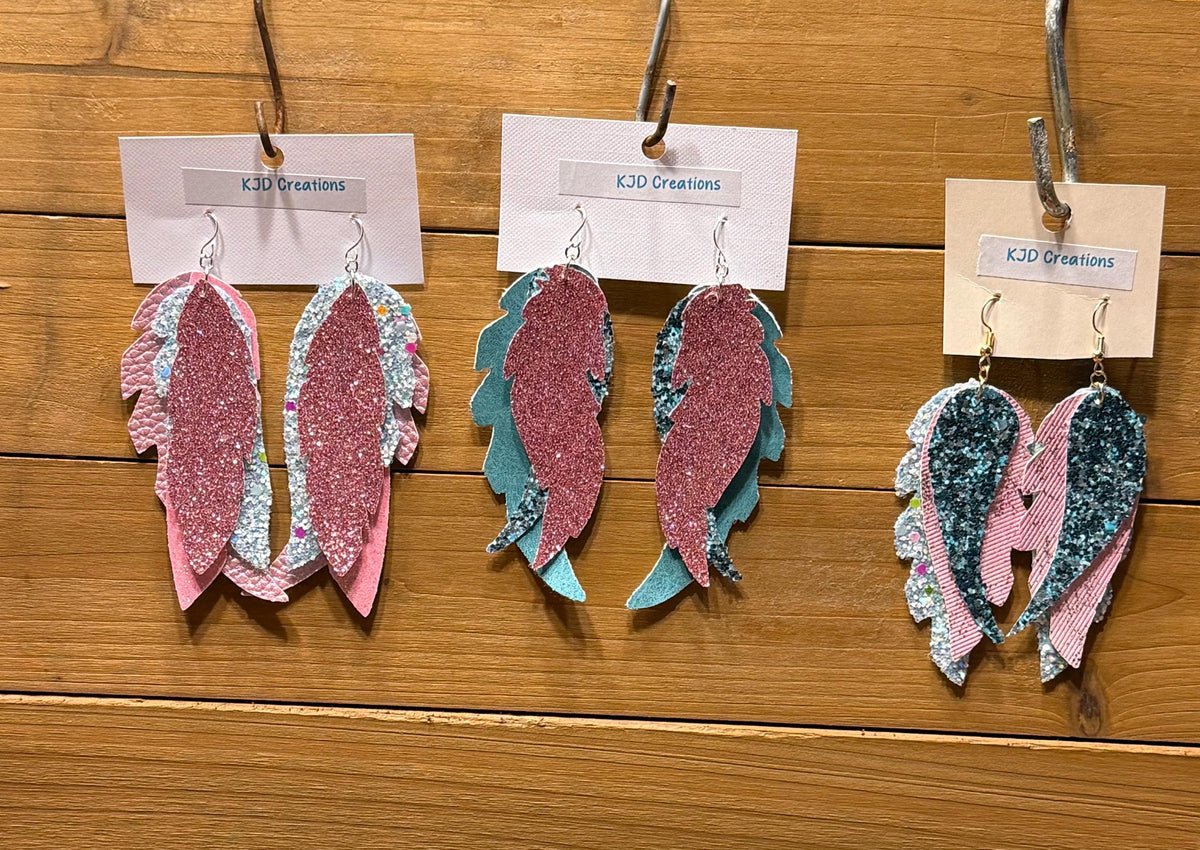 Boho Western Faux Glitter Leather Feather Dangle Earrings - Pink, Blue & Teal