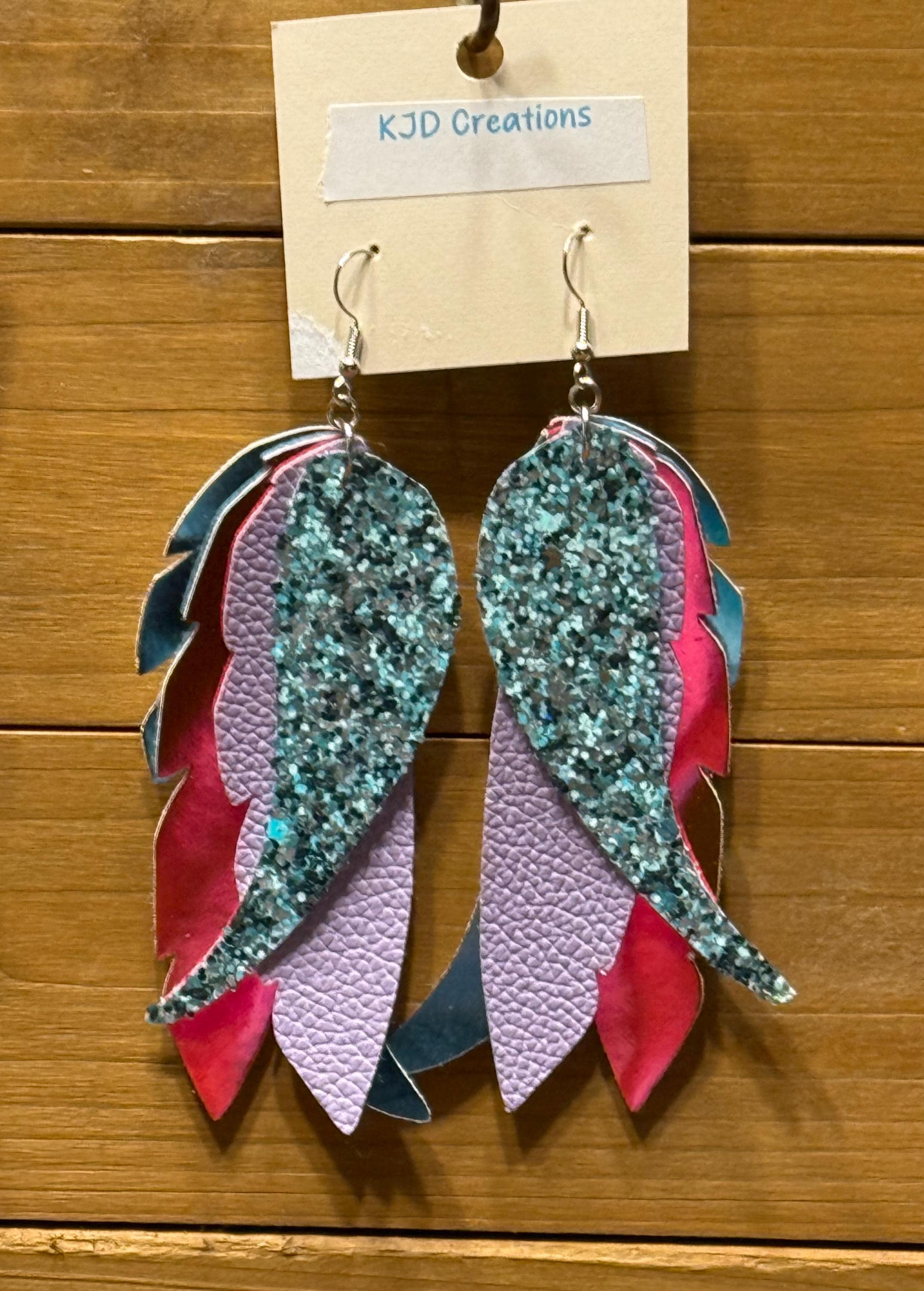 Boho Western Faux Glitter Holographic Leather Feather Dangle Earrings - Purple, Blue & Teal