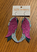 Boho Western Faux Glitter Holographic Leather Feather Dangle Earrings - Purple, Blue & Teal