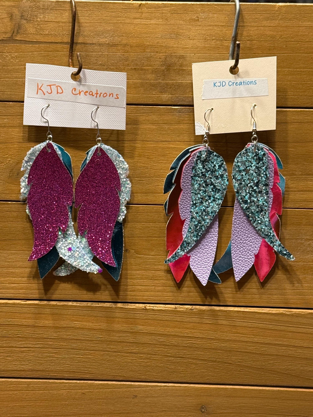 Boho Western Faux Glitter Holographic Leather Feather Dangle Earrings - Purple, Blue & Teal