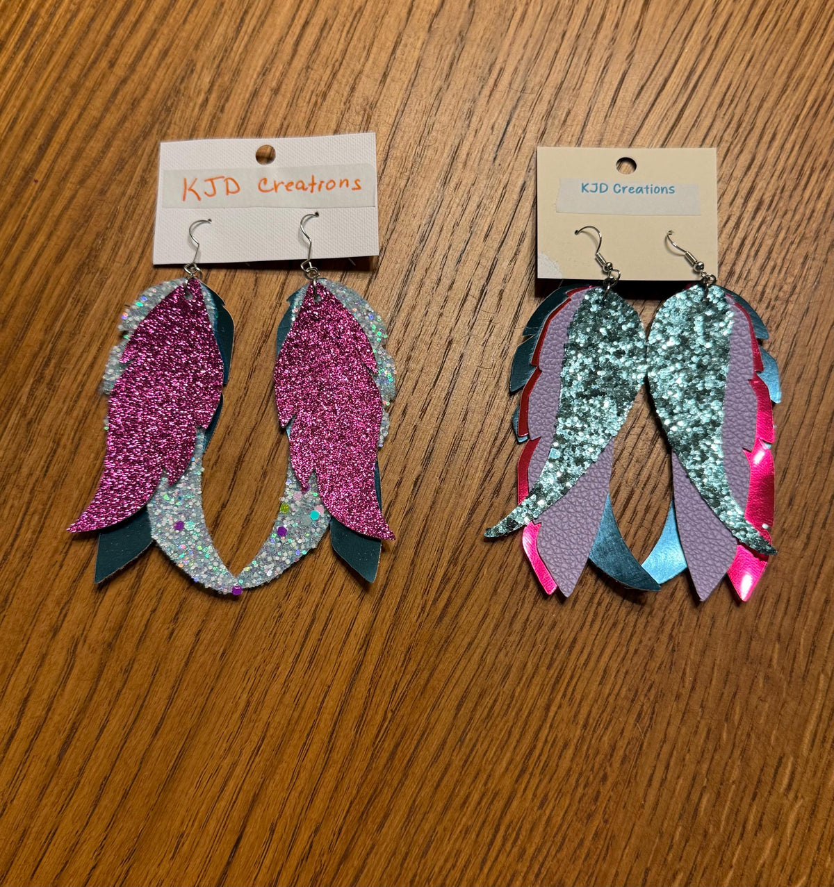 Boho Western Faux Glitter Holographic Leather Feather Dangle Earrings - Purple, Blue & Teal