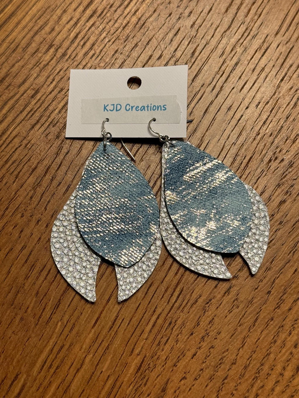 Boho Western Faux Leather Layered Teardrop Dangle Earrings - Blue Denim with Metallic Silver