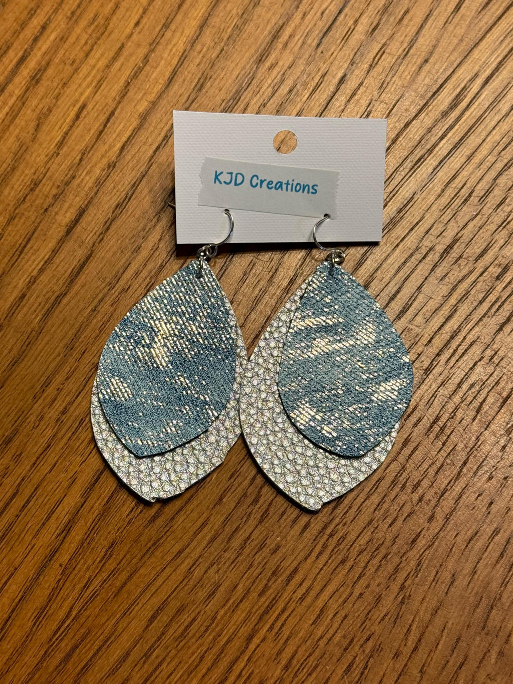 Boho Western Faux Leather Layered Teardrop Dangle Earrings - Blue Denim with Metallic Silver