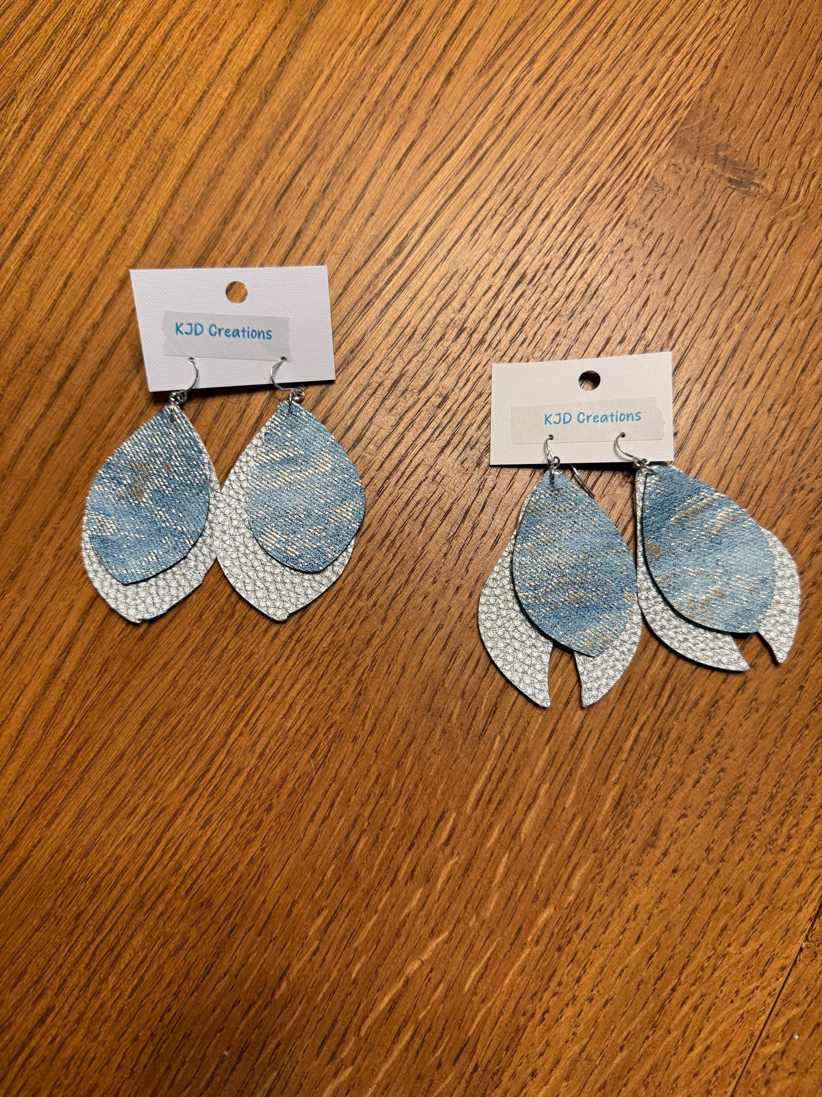 Boho Western Faux Leather Layered Teardrop Dangle Earrings - Blue Denim with Metallic Silver