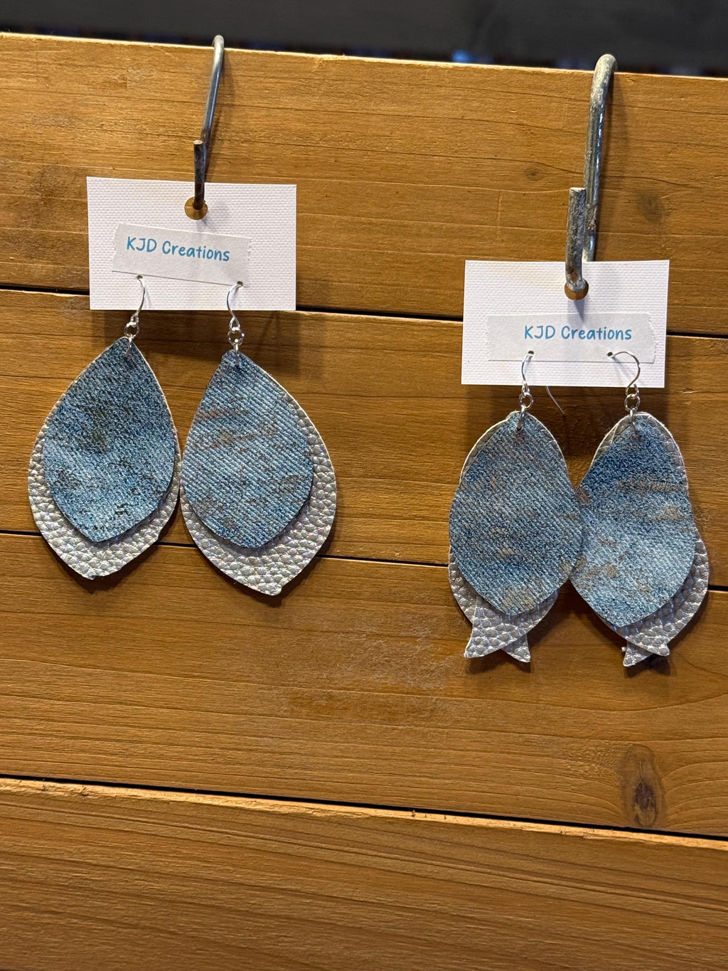 Boho Western Faux Leather Layered Teardrop Dangle Earrings - Blue Denim with Metallic Silver