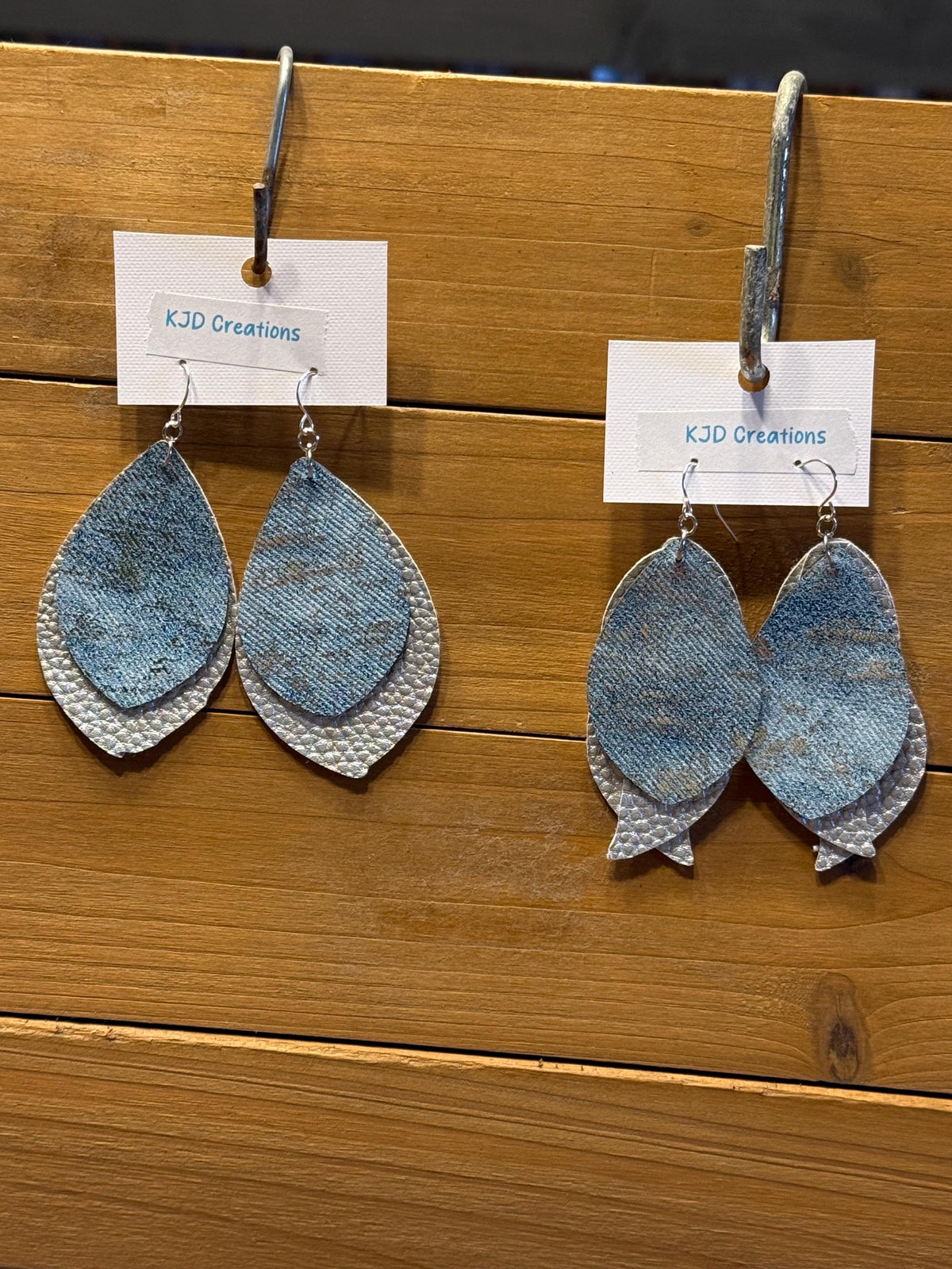 Boho Western Faux Leather Layered Teardrop Dangle Earrings - Blue Denim with Metallic Silver