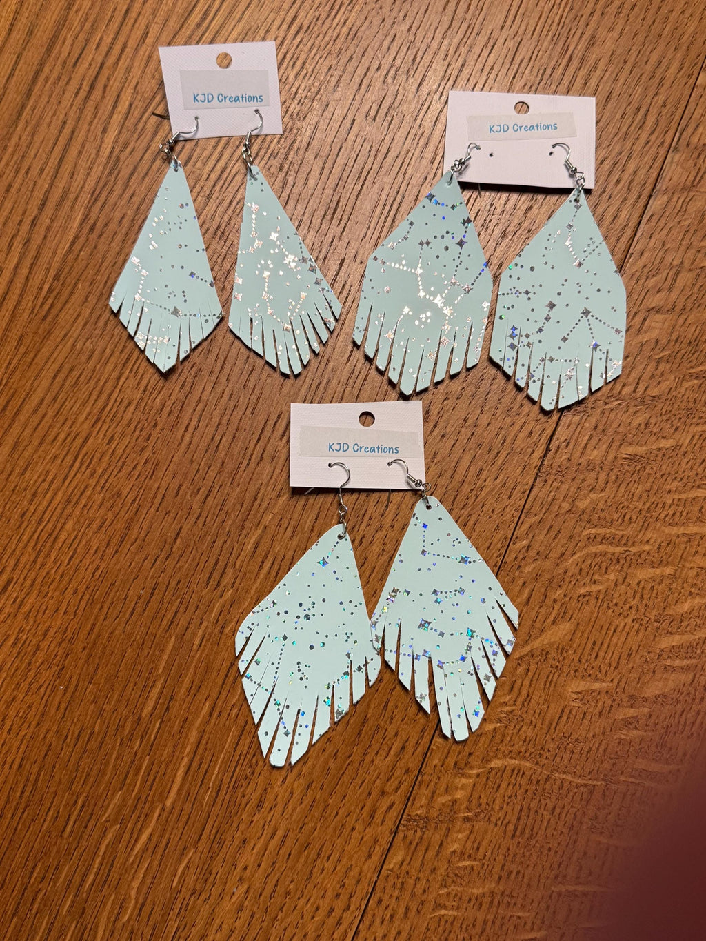 Boho Western Faux Leather Fringe Dangle Earrings - Mint Green with Silver Constellation Design