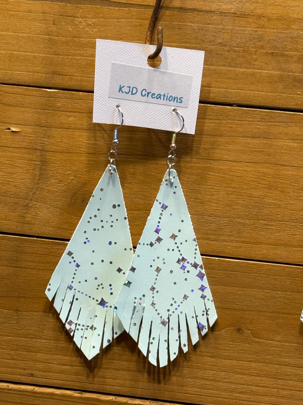 Boho Western Faux Leather Fringe Dangle Earrings - Mint Green with Silver Constellation Design