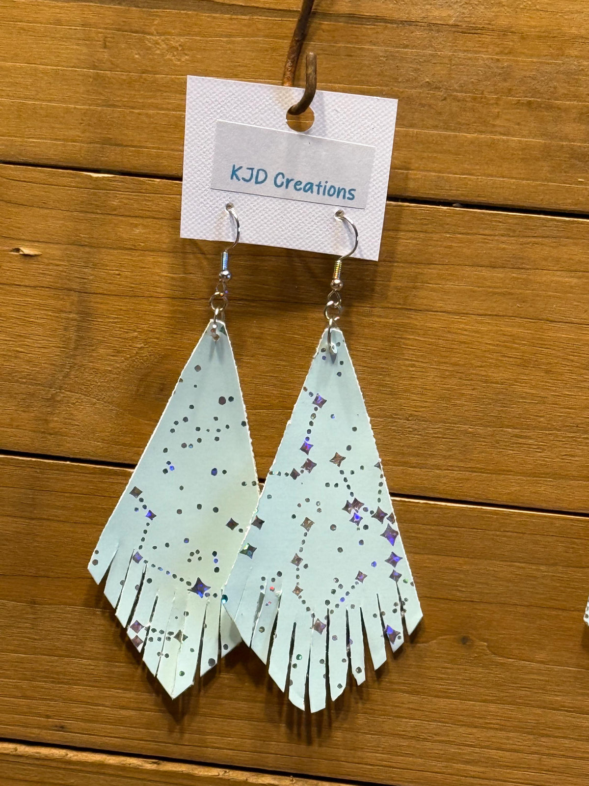 Boho Western Faux Leather Fringe Dangle Earrings - Mint Green with Silver Constellation Design