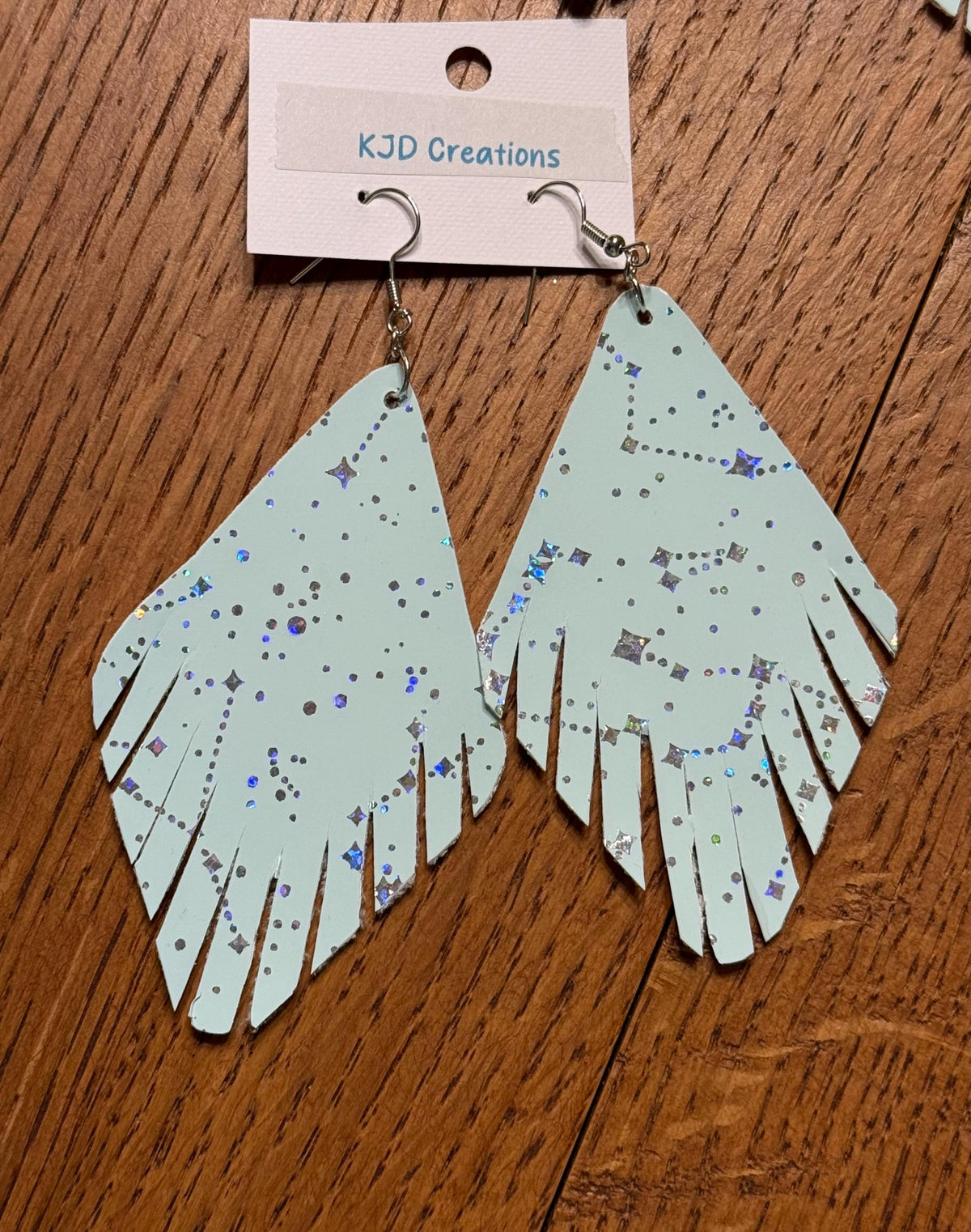 Boho Western Faux Leather Fringe Dangle Earrings - Mint Green with Silver Constellation Design