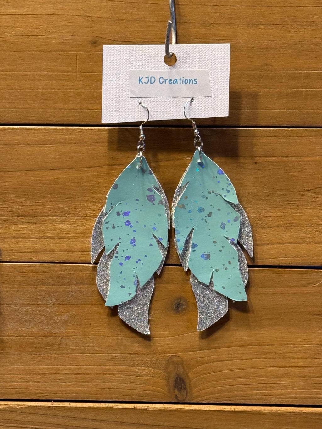 Boho Western Faux Leather Layered Feather Dangle Earrings - Mint Green with Silver Metallic & Glitter