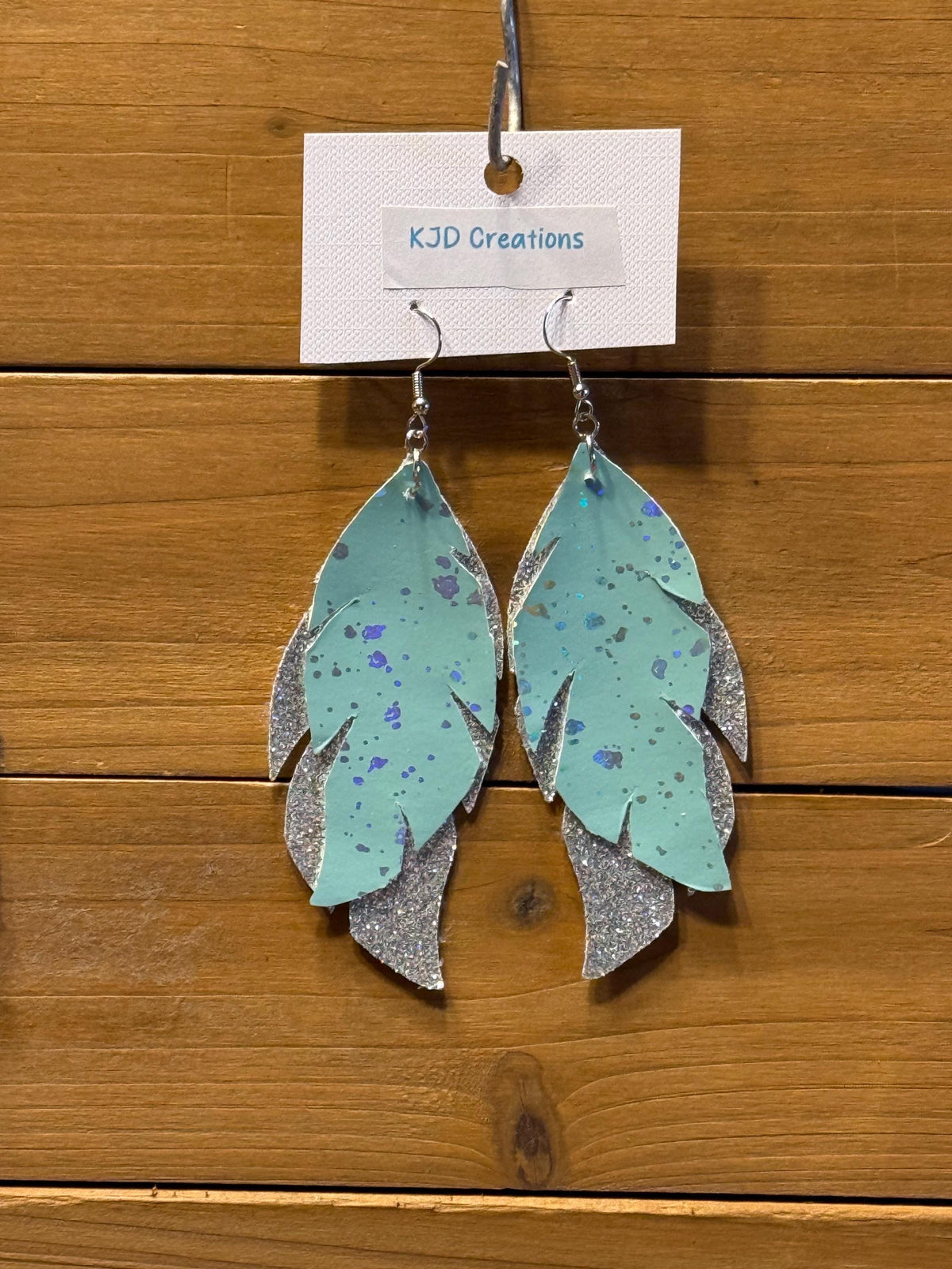 Boho Western Faux Leather Layered Feather Dangle Earrings - Mint Green with Silver Metallic & Glitter