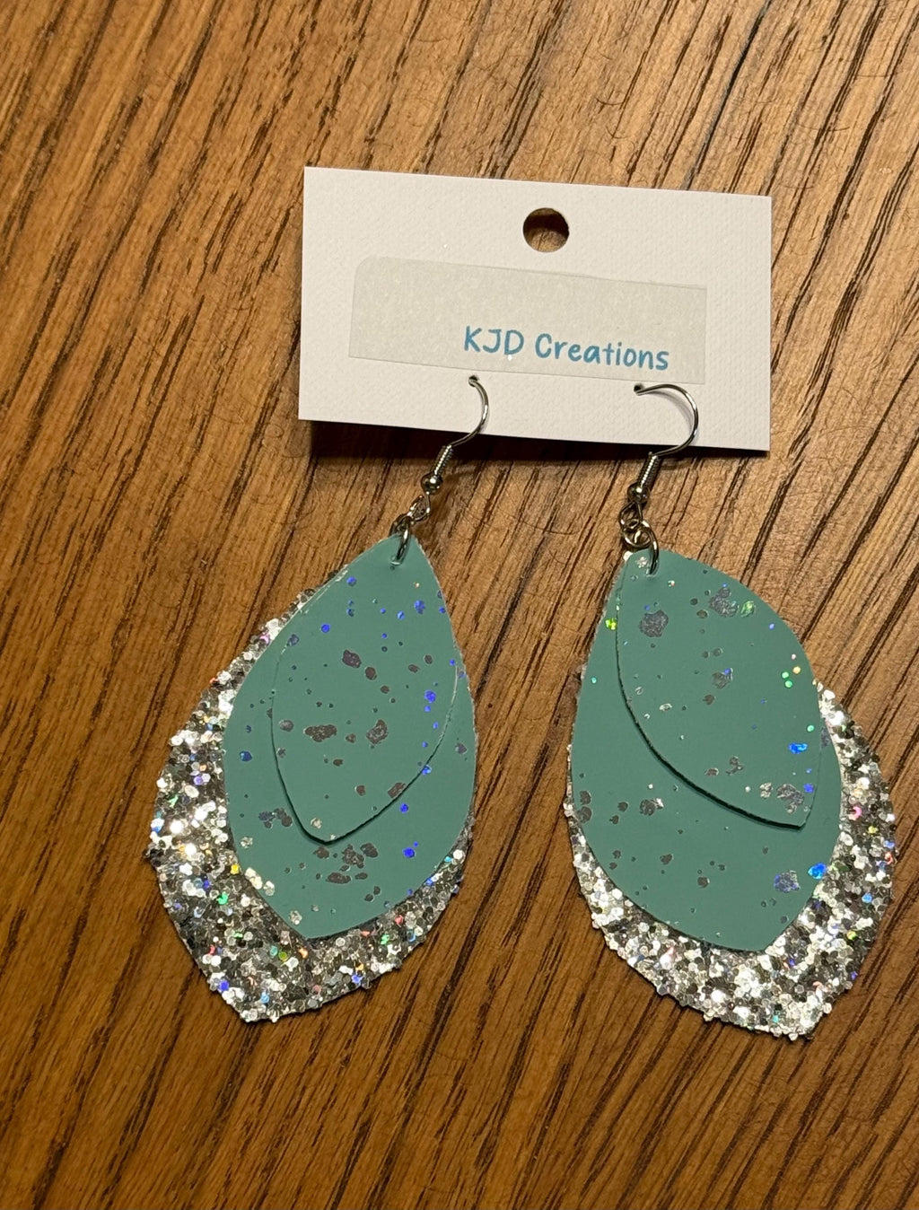 Boho Western Faux Leather Layered Teardrop Dangle Earrings - Mint Green, Silver Metallic, Glitter & Holographic