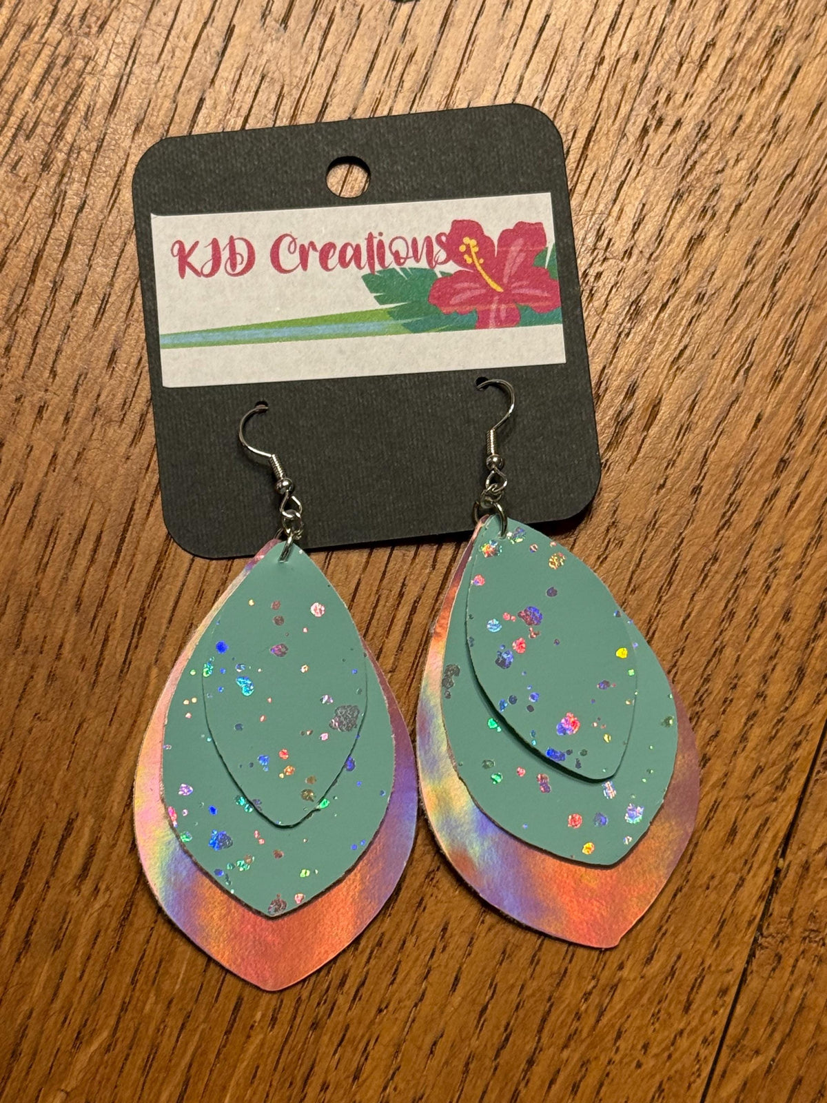 Boho Western Faux Leather Layered Teardrop Dangle Earrings - Mint Green, Silver Metallic, Glitter & Holographic