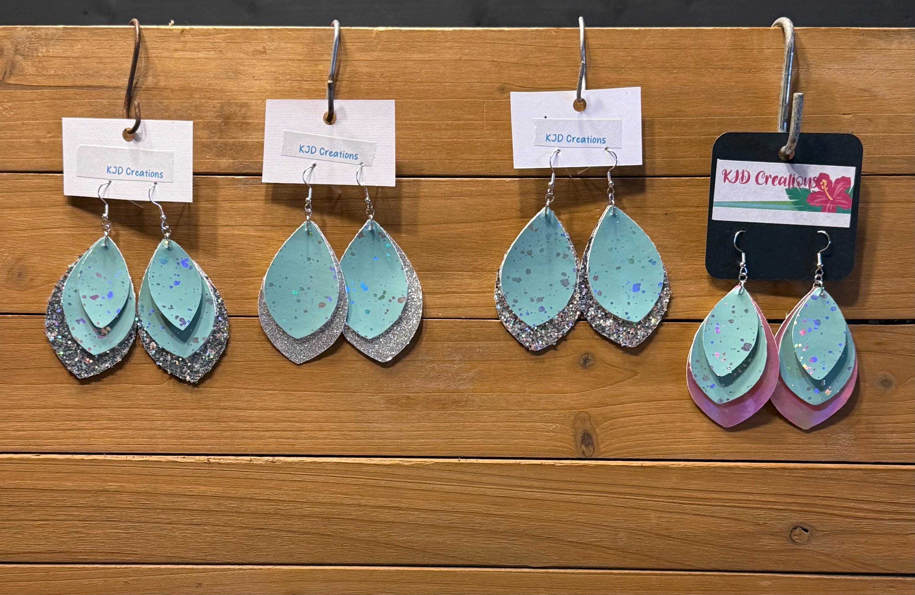 Boho Western Faux Leather Layered Teardrop Dangle Earrings - Mint Green, Silver Metallic, Glitter & Holographic