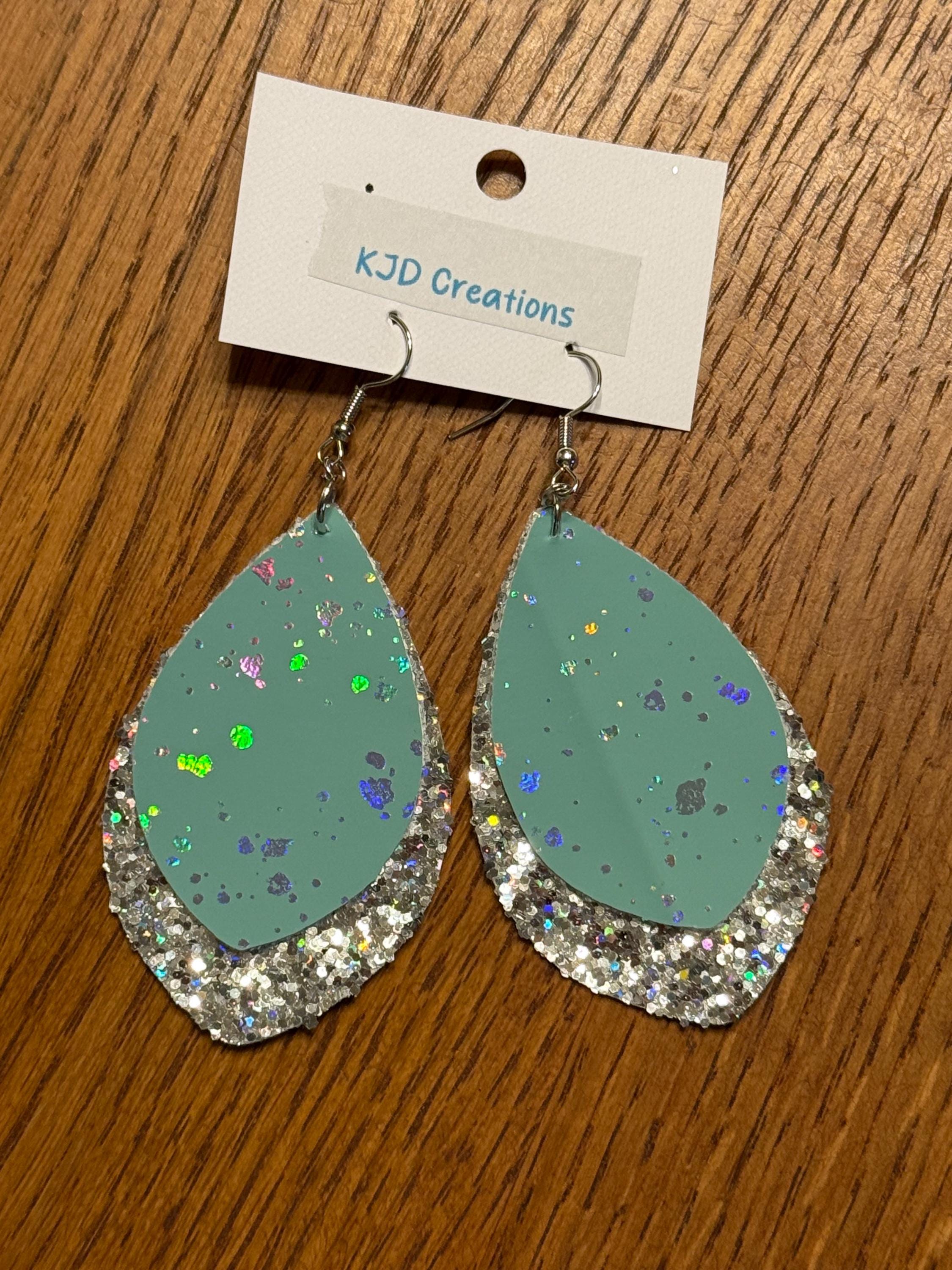 Boho Western Faux Leather Layered Teardrop Dangle Earrings - Mint Green, Silver Metallic, Glitter & Holographic