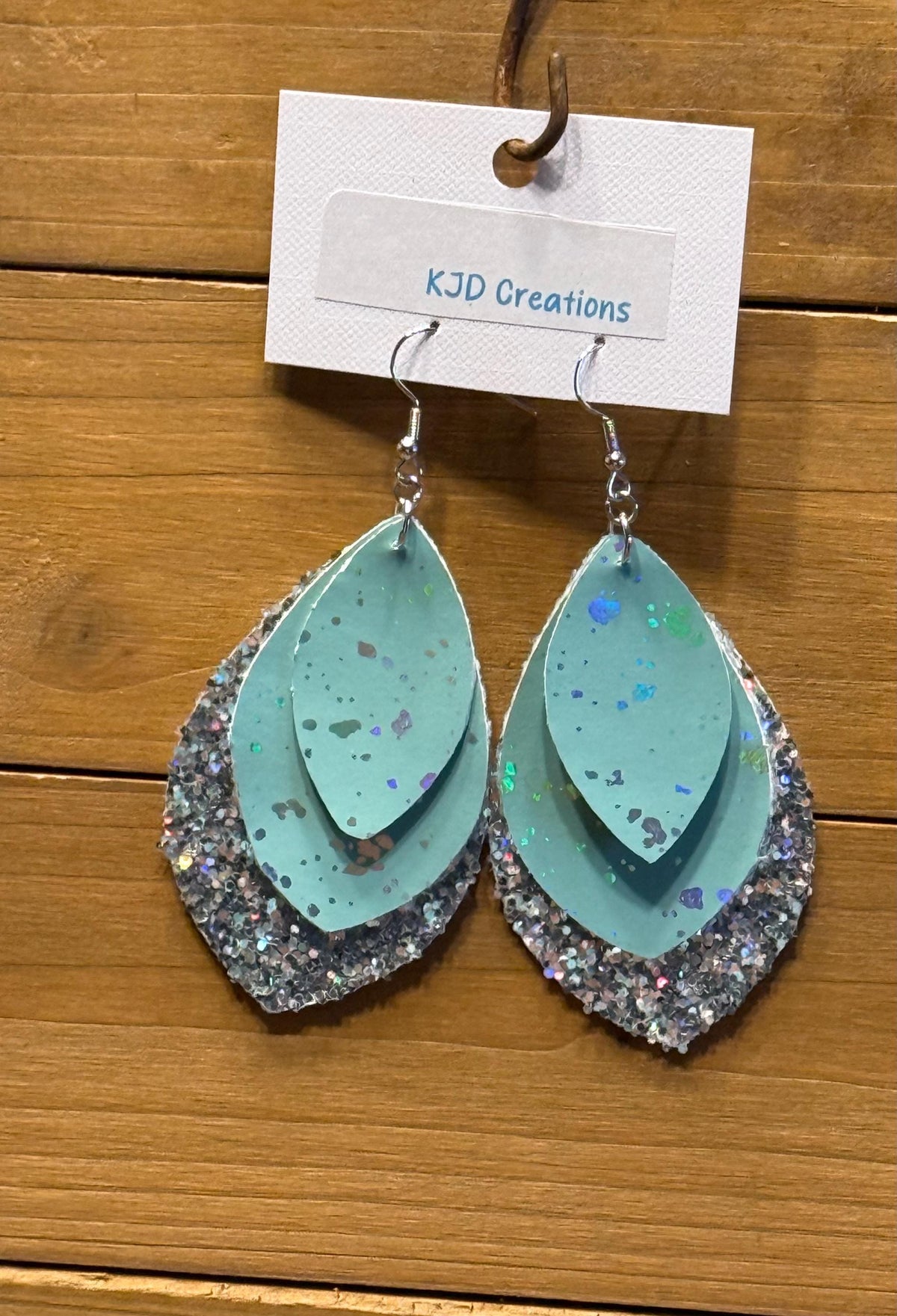 Boho Western Faux Leather Layered Teardrop Dangle Earrings - Mint Green, Silver Metallic, Glitter & Holographic