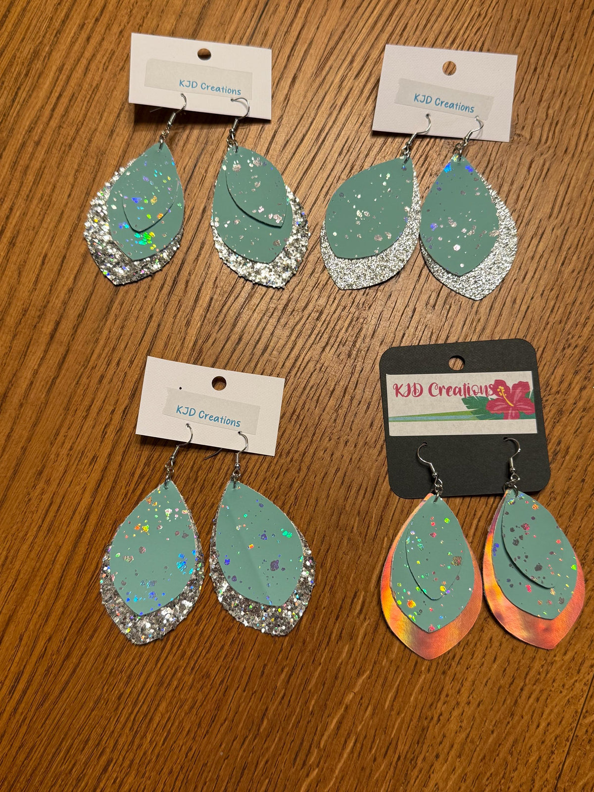 Boho Western Faux Leather Layered Teardrop Dangle Earrings - Mint Green, Silver Metallic, Glitter & Holographic