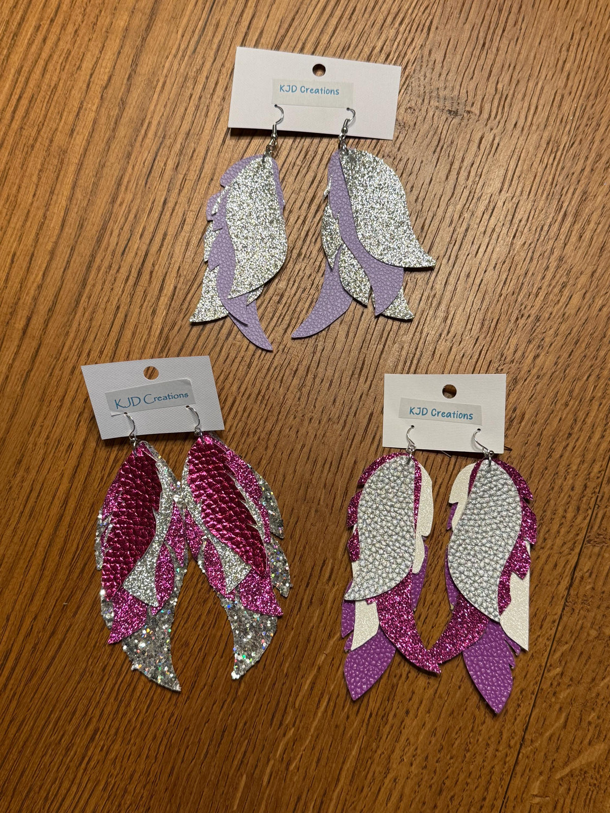 Boho Western Layered Feather-Shaped Faux Leather Dangle Earrings - Purple, Lavender & Silver