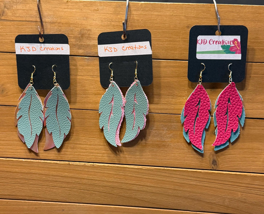 Boho Western Faux Leather Layered Feather Dangle Earrings - Pink & Turquoise Holographic and Glitter
