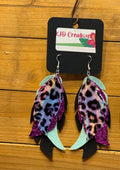 Leopard & Cheetah Holographic Faux Leather Layered Feather-Shaped Dangle Earrings | Purple Tones | Handmade Western Boho Statement Earrings