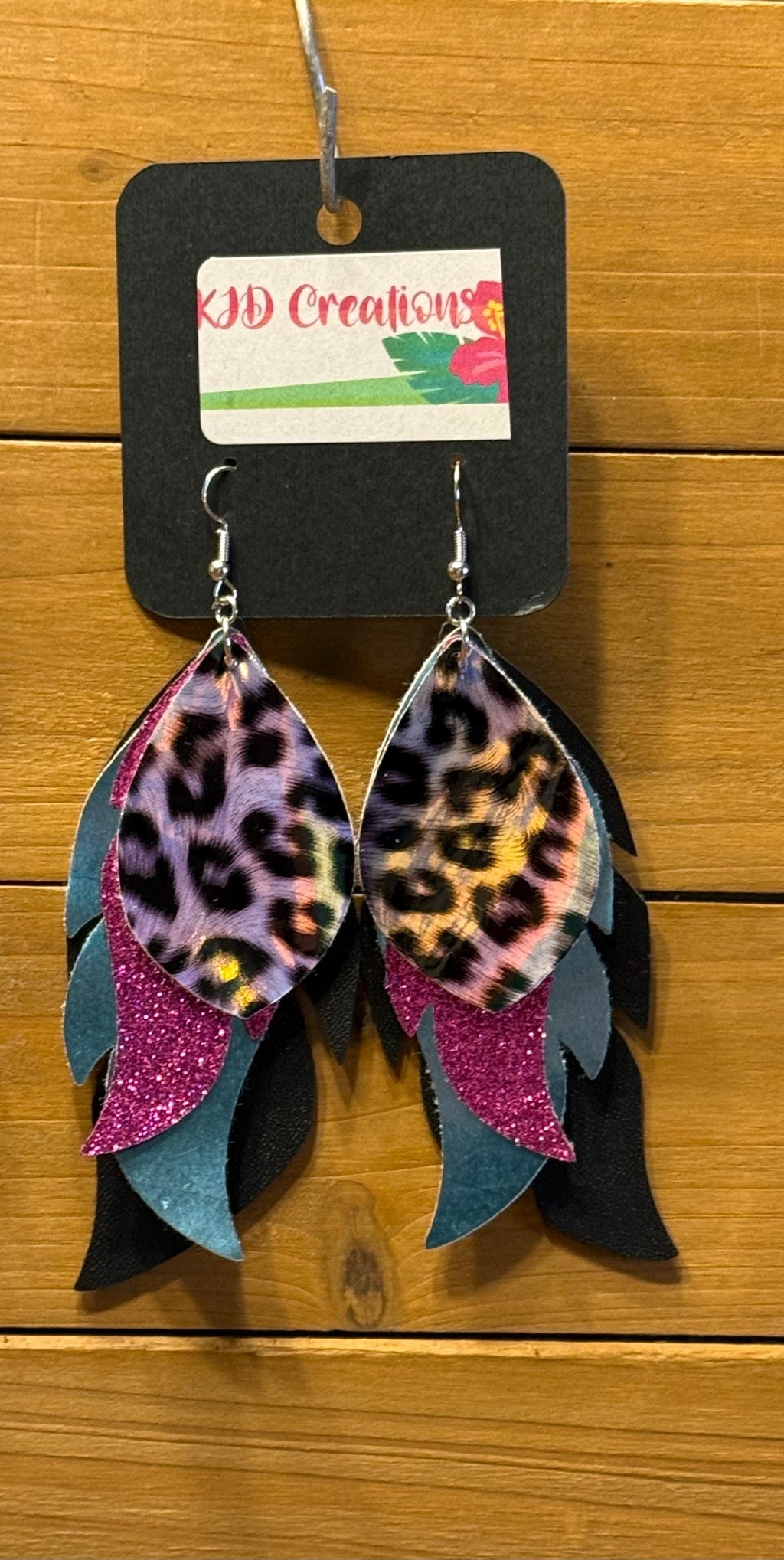 Leopard & Cheetah Holographic Faux Leather Layered Feather-Shaped Dangle Earrings | Purple Tones | Handmade Western Boho Statement Earrings