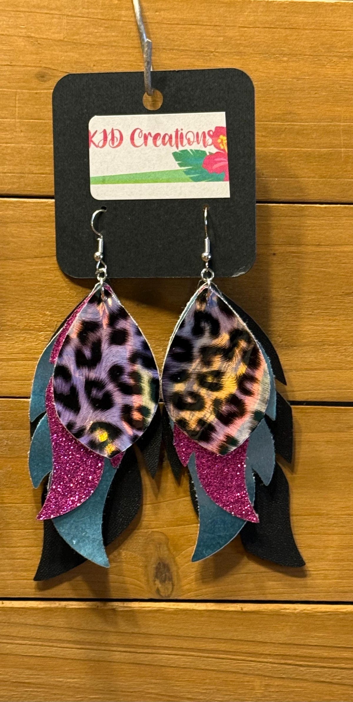 Leopard & Cheetah Holographic Faux Leather Layered Feather-Shaped Dangle Earrings | Purple Tones | Handmade Western Boho Statement Earrings
