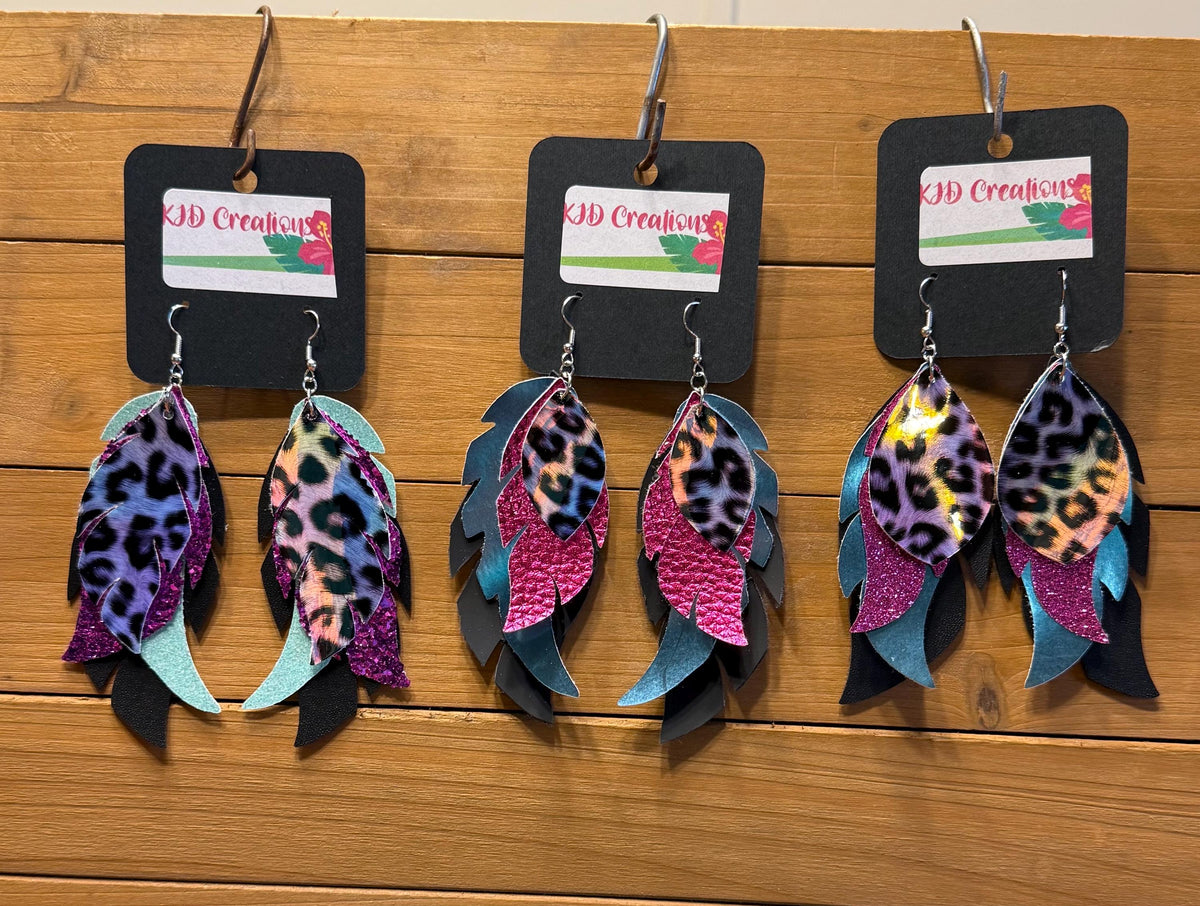 Leopard & Cheetah Holographic Faux Leather Layered Feather-Shaped Dangle Earrings | Purple Tones | Handmade Western Boho Statement Earrings