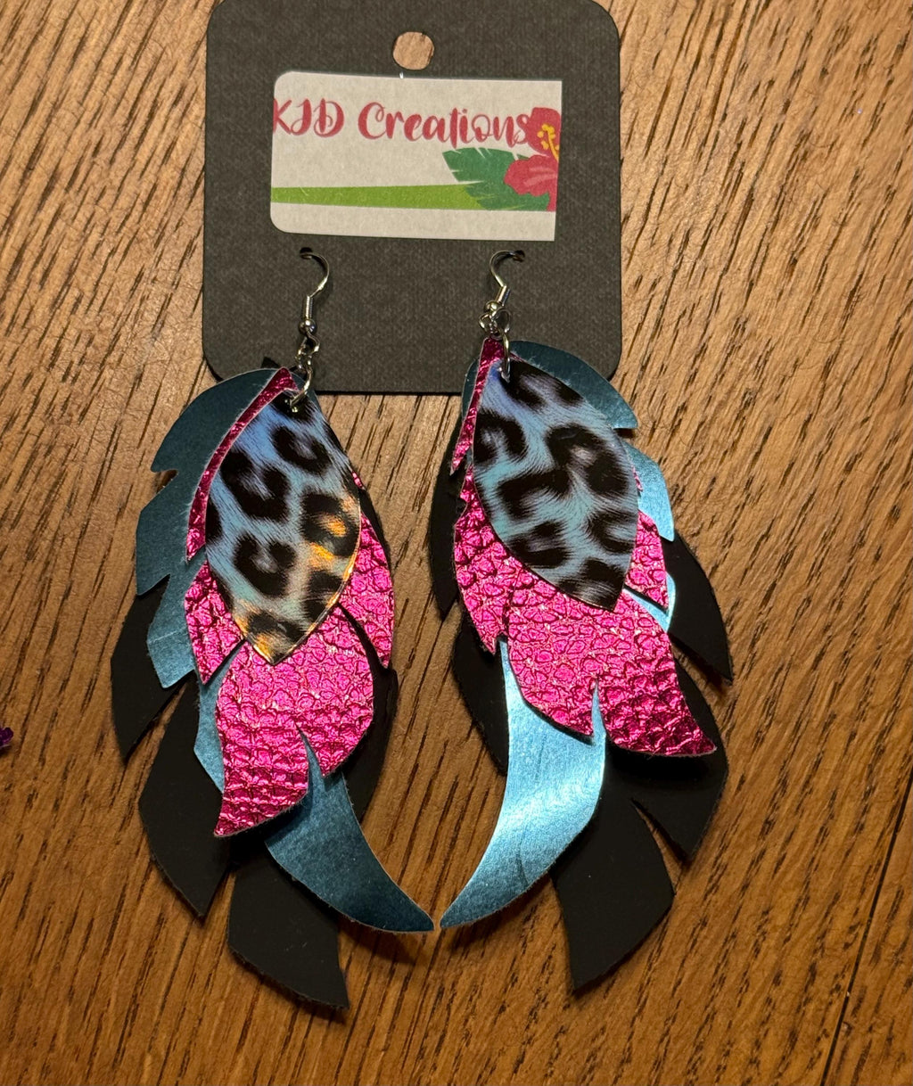 Leopard & Cheetah Holographic Faux Leather Layered Feather-Shaped Dangle Earrings | Purple Tones | Handmade Western Boho Statement Earrings