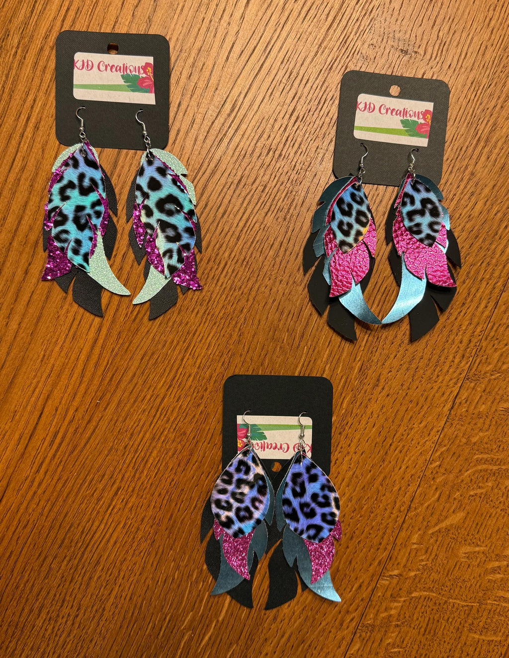 Leopard & Cheetah Holographic Faux Leather Layered Feather-Shaped Dangle Earrings | Purple Tones | Handmade Western Boho Statement Earrings