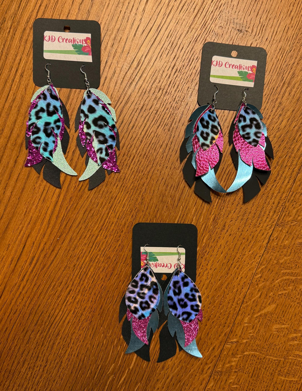 Leopard & Cheetah Holographic Faux Leather Layered Feather-Shaped Dangle Earrings | Purple Tones | Handmade Western Boho Statement Earrings