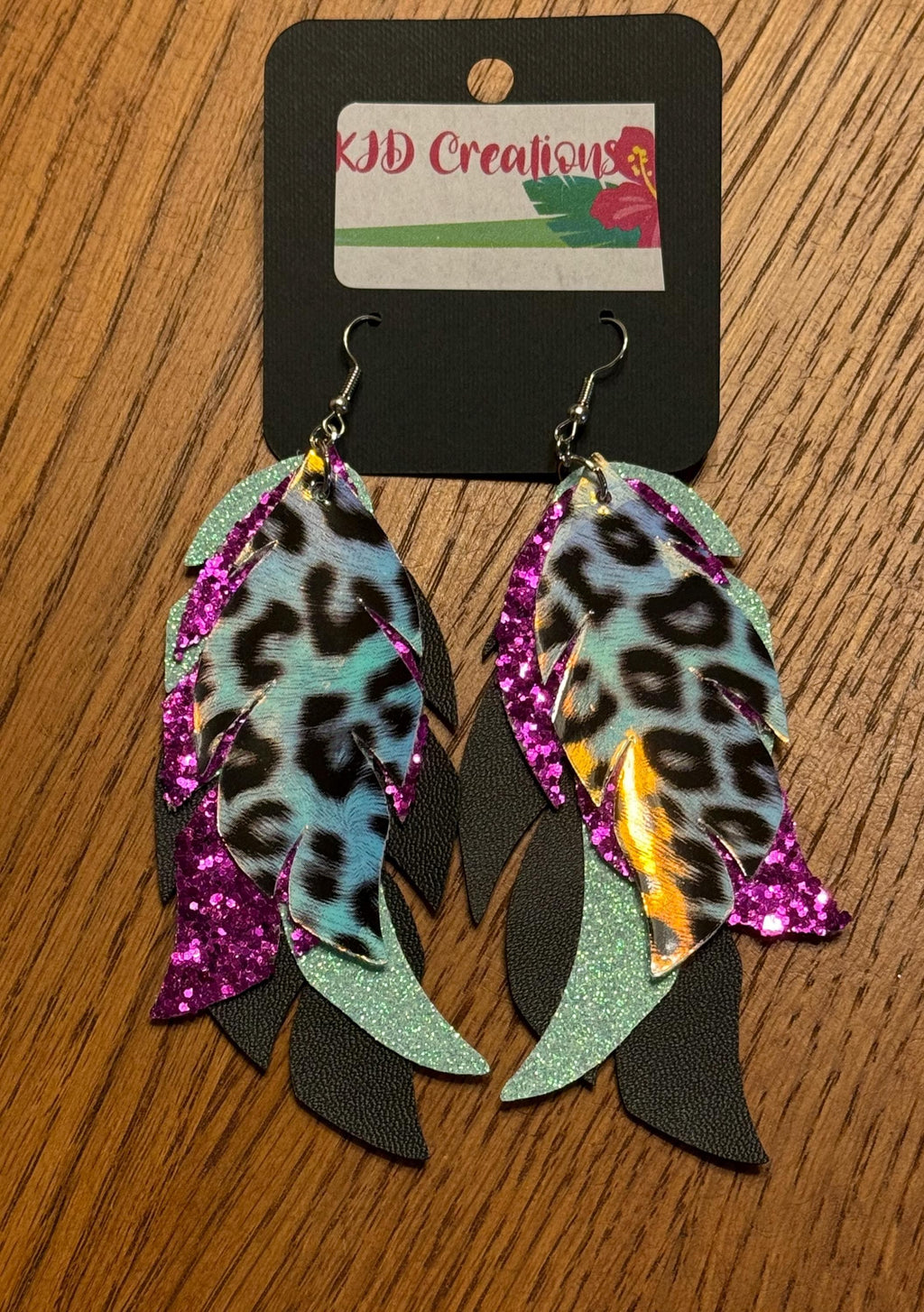 Leopard & Cheetah Holographic Faux Leather Layered Feather-Shaped Dangle Earrings | Purple Tones | Handmade Western Boho Statement Earrings