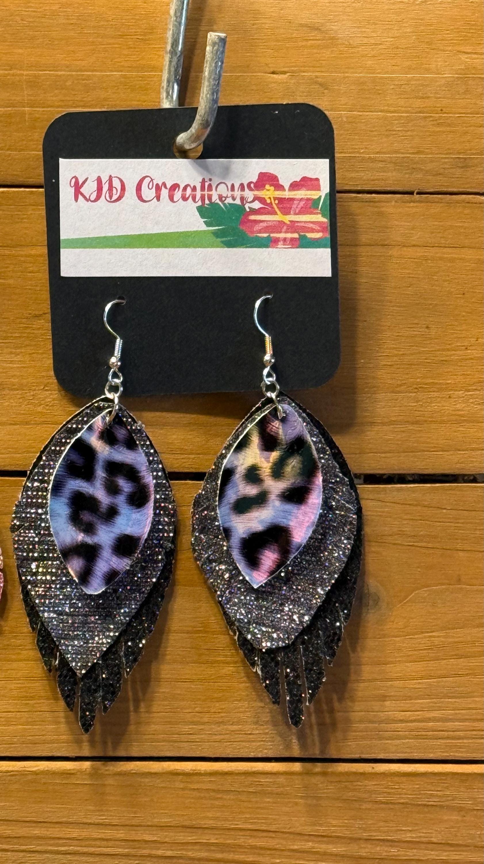 Leopard & Cheetah Animal Print Holographic Faux Leather Fringe Teardrop Dangle Earrings - Western Boho Statement