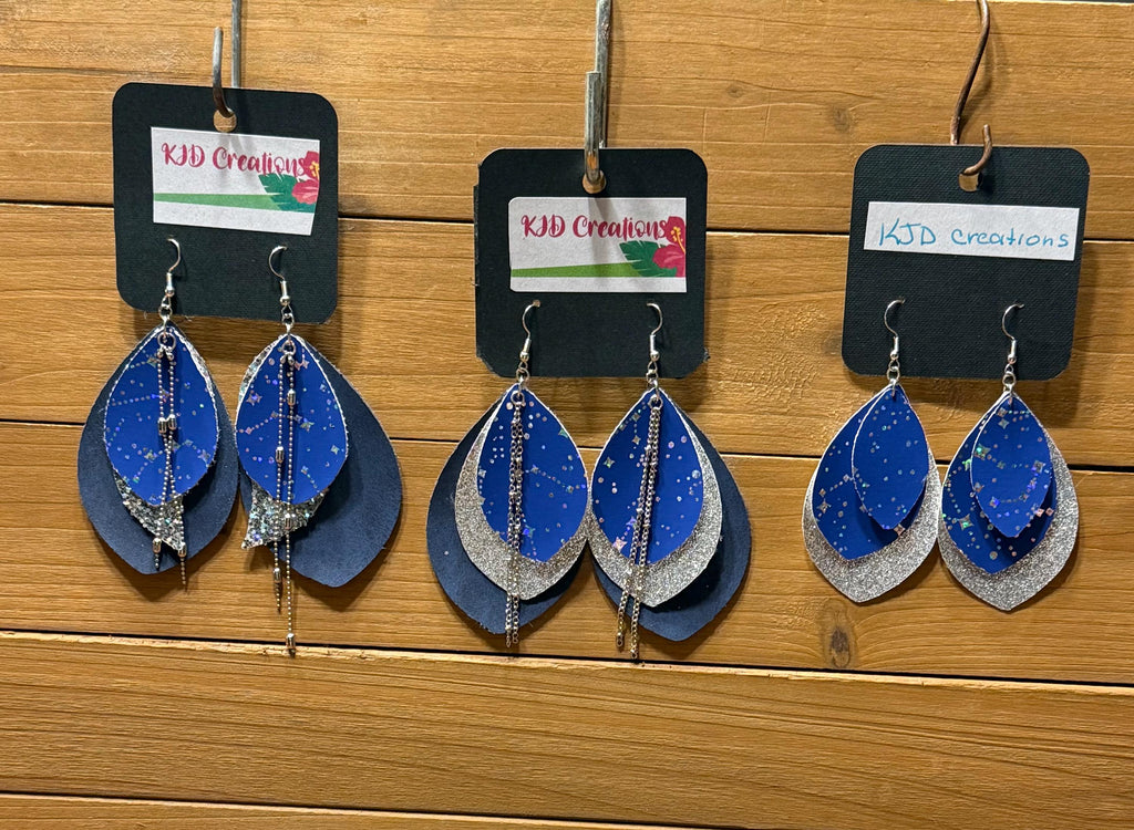 Boho Western Faux Leather Layered Teardrop Dangle Earrings - Navy Blue with Silver Constellation & Chain Accents