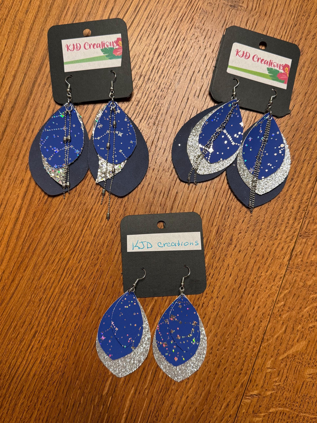 Boho Western Faux Leather Layered Teardrop Dangle Earrings - Navy Blue with Silver Constellation & Chain Accents
