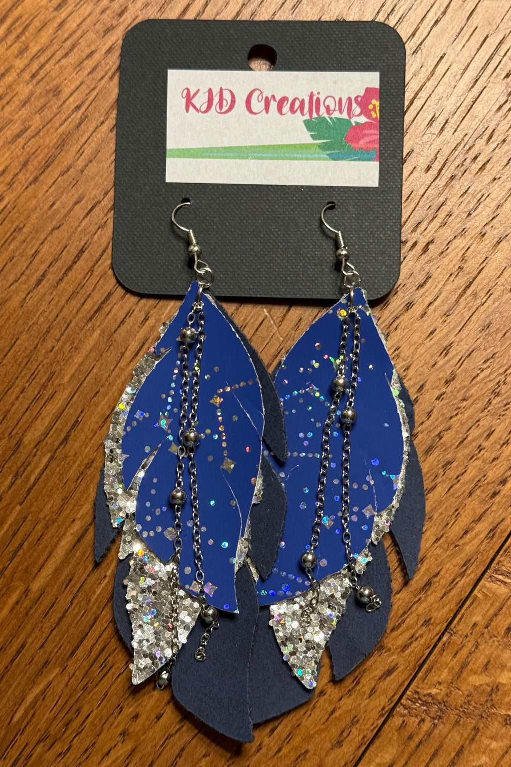 Boho Western Faux Leather Layered Feather Dangle Earrings - Navy Blue with Silver Constellation & Chain Accents