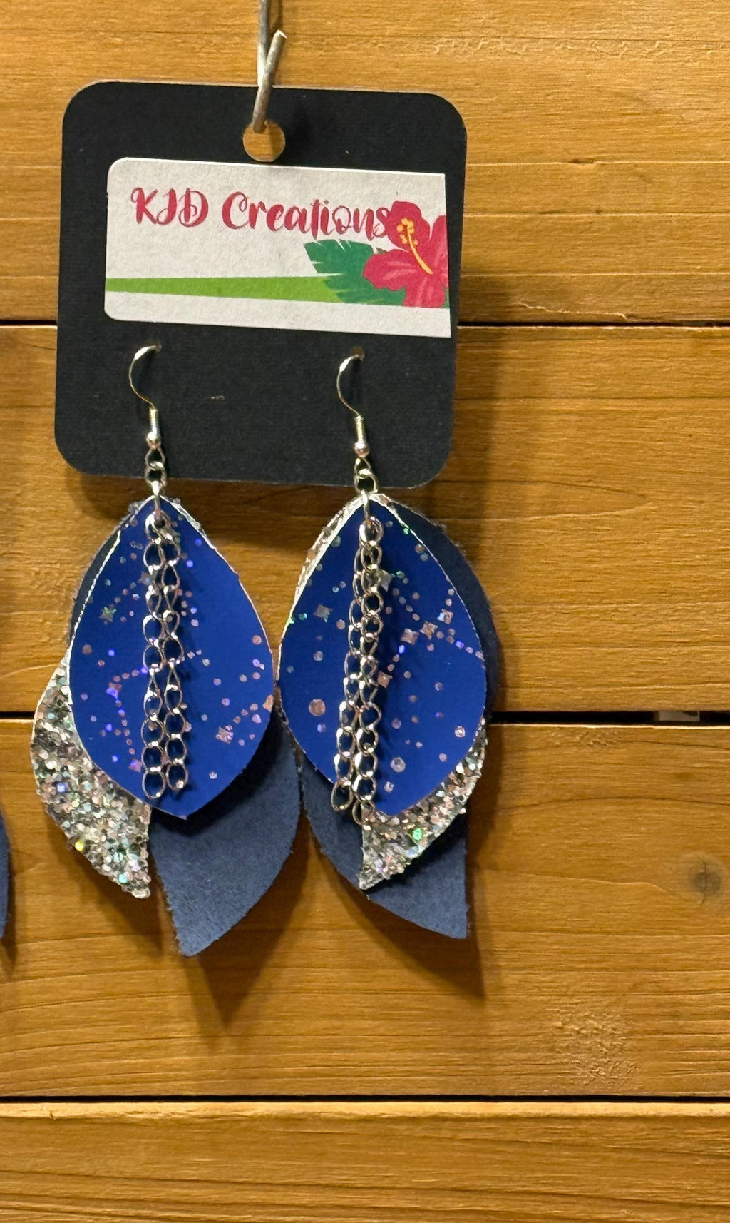 Boho Western Faux Leather Layered Feather Dangle Earrings - Navy Blue with Silver Constellation & Chain Accents