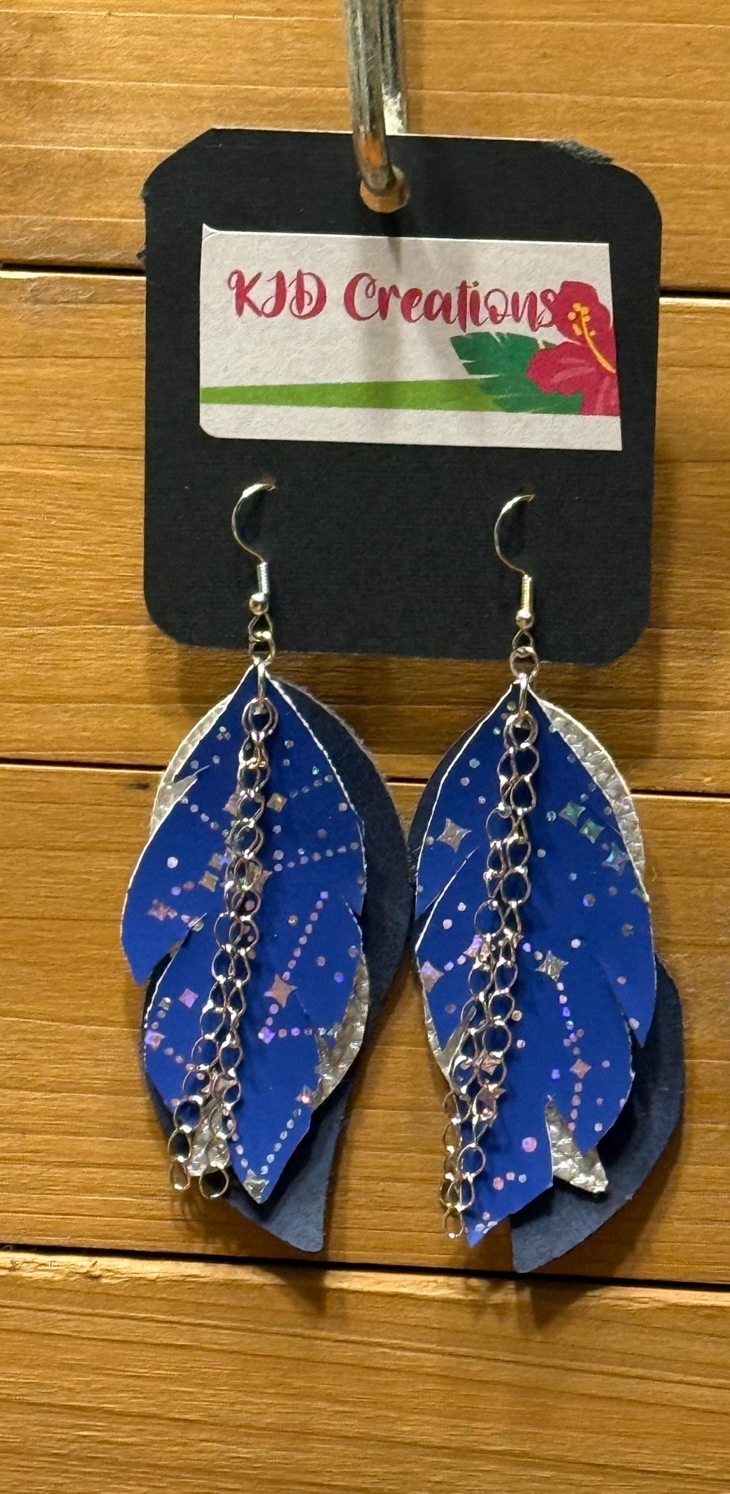 Boho Western Faux Leather Layered Feather Dangle Earrings - Navy Blue with Silver Constellation & Chain Accents