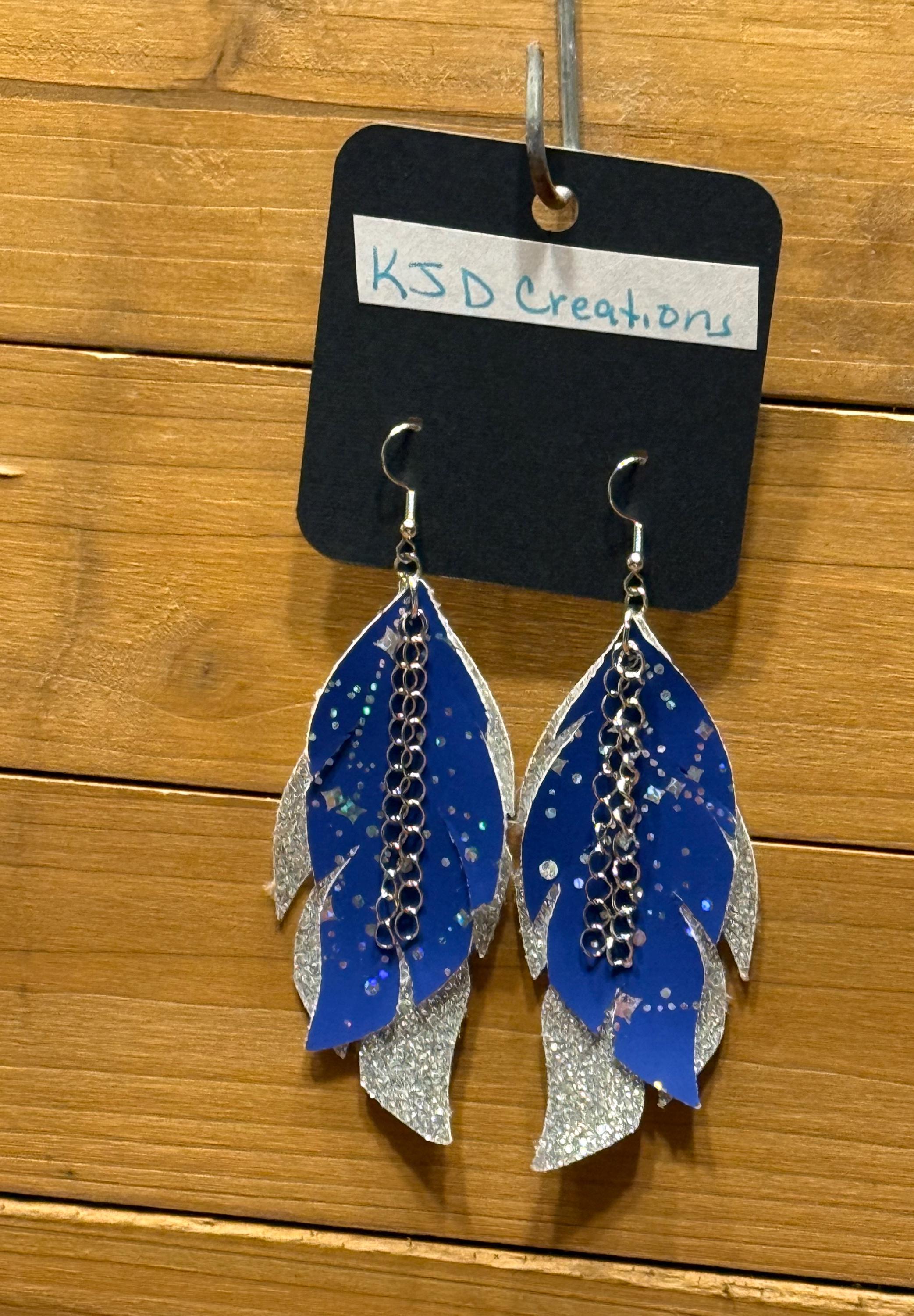 Boho Western Faux Leather Layered Feather Dangle Earrings - Navy Blue with Silver Constellation & Chain Accents