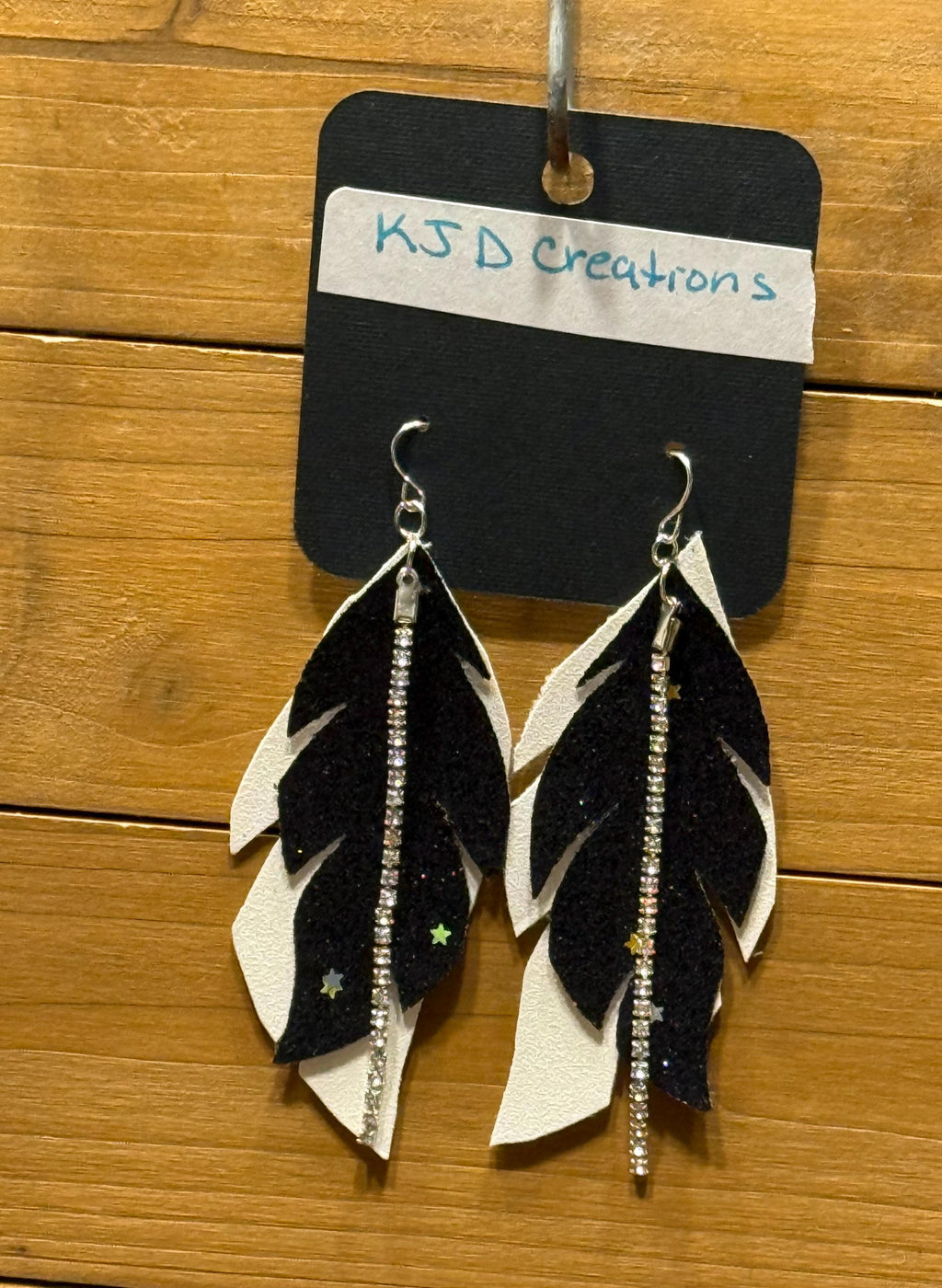 Boho Western Faux Leather Layered Feather Dangle Earrings - Black, Silver & White Glitter with Star & Crystal Accents
