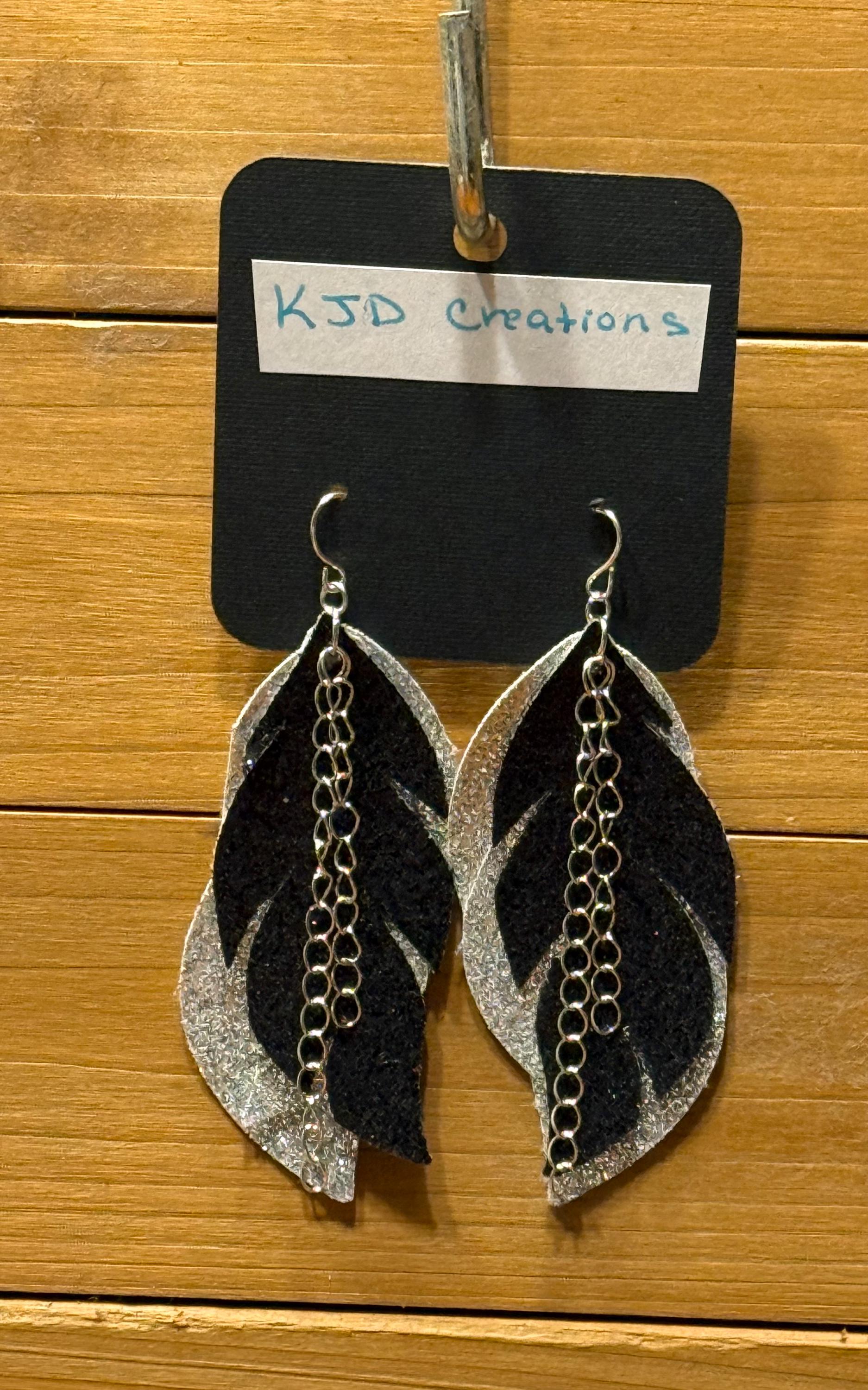 Boho Western Faux Leather Layered Feather Dangle Earrings - Black, Silver & White Glitter with Star & Crystal Accents