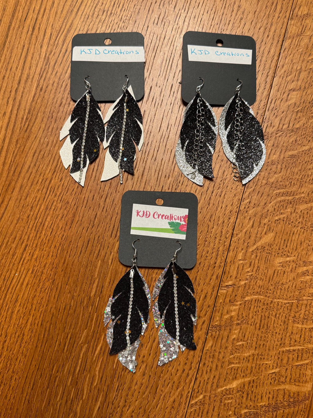 Boho Western Faux Leather Layered Feather Dangle Earrings - Black, Silver & White Glitter with Star & Crystal Accents