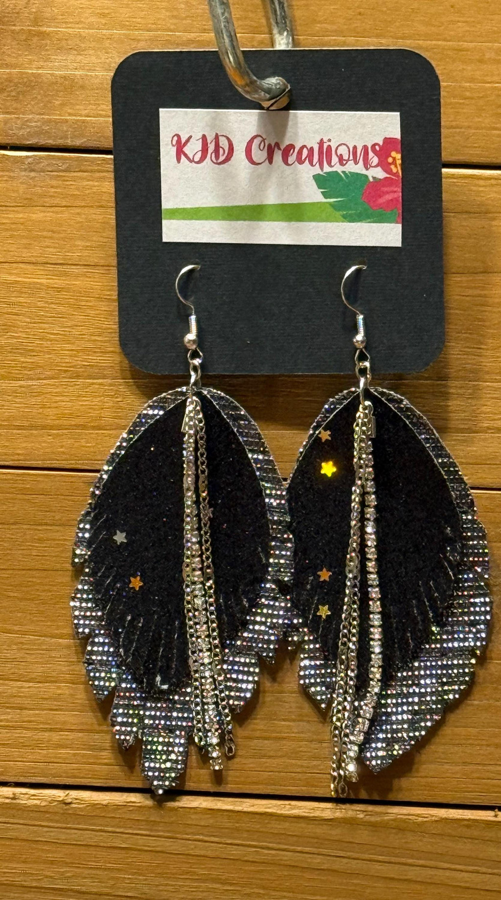 Boho Western Faux Leather Fringe Teardrop Dangle Earrings - Black Glitter Metallic Star with Crystal & Chain Accents